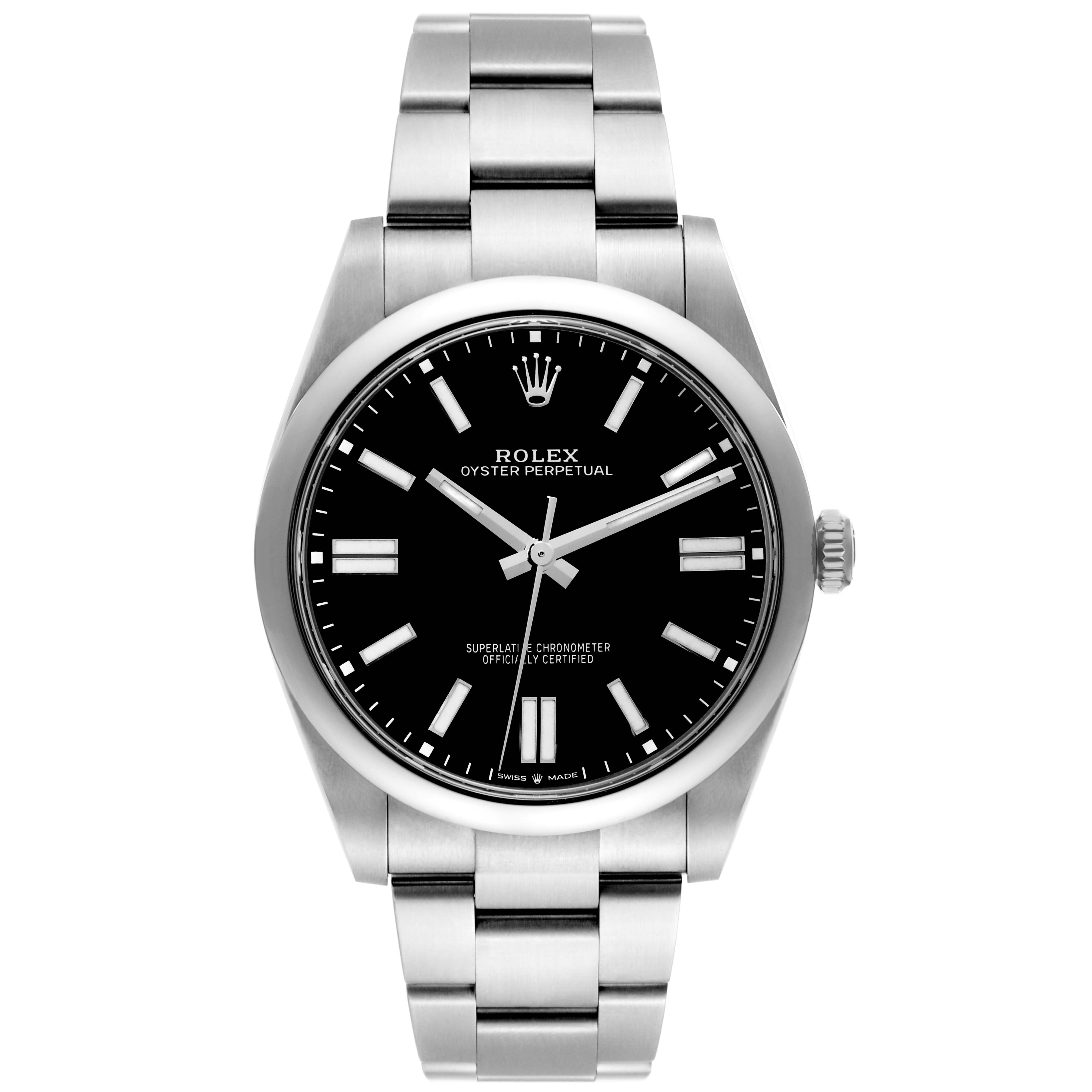 This is a front view of a Rolex Oyster Perpetual 124300 Men
s Stainless Steel Black Dial 124300 Men
s Stainless Steel Black Dial watch, showing the face, bezel, and bracelet.