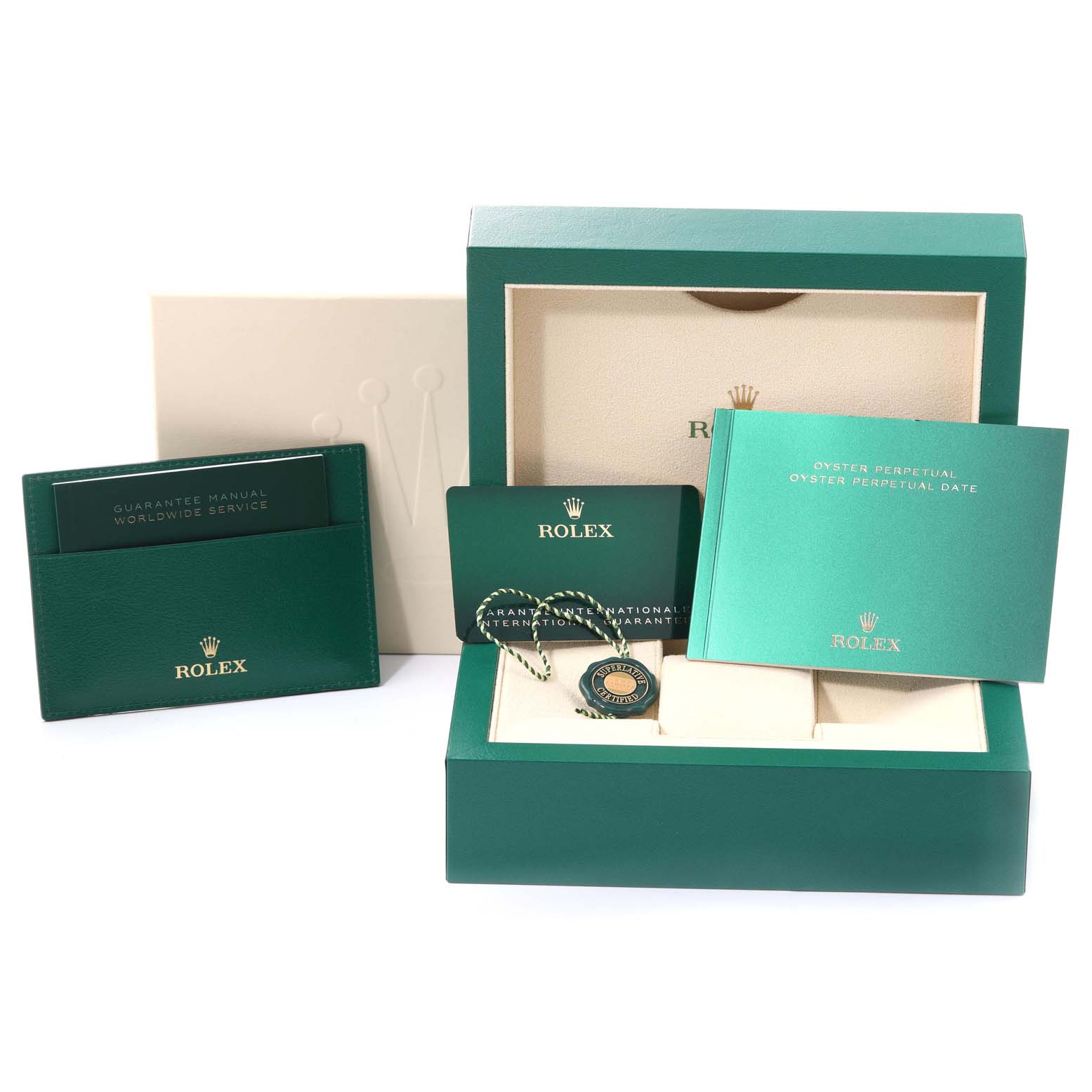 This image shows the packaging, warranty card, and manuals for a Rolex Oyster Perpetual 124300 Men
s Stainless Steel Black Dial 124300 Men
s Stainless Steel Black Dial watch.