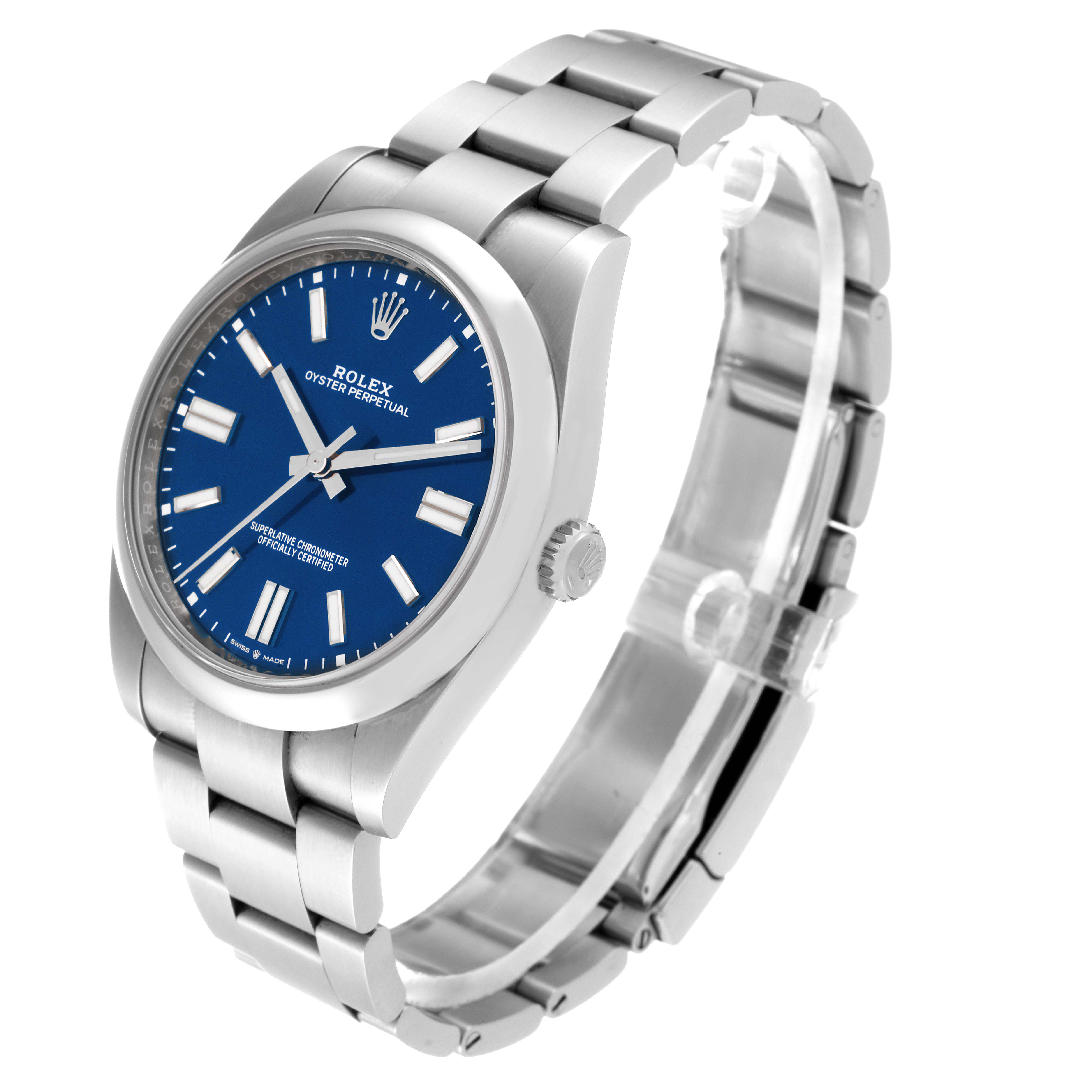 The Rolex Oyster Perpetual 124300 Men's Stainless Steel Blue Dial 124300 Men's Stainless Steel Blue Dial watch is shown at a slight side angle, highlighting the blue dial, bezel, crown, and metal bracelet.