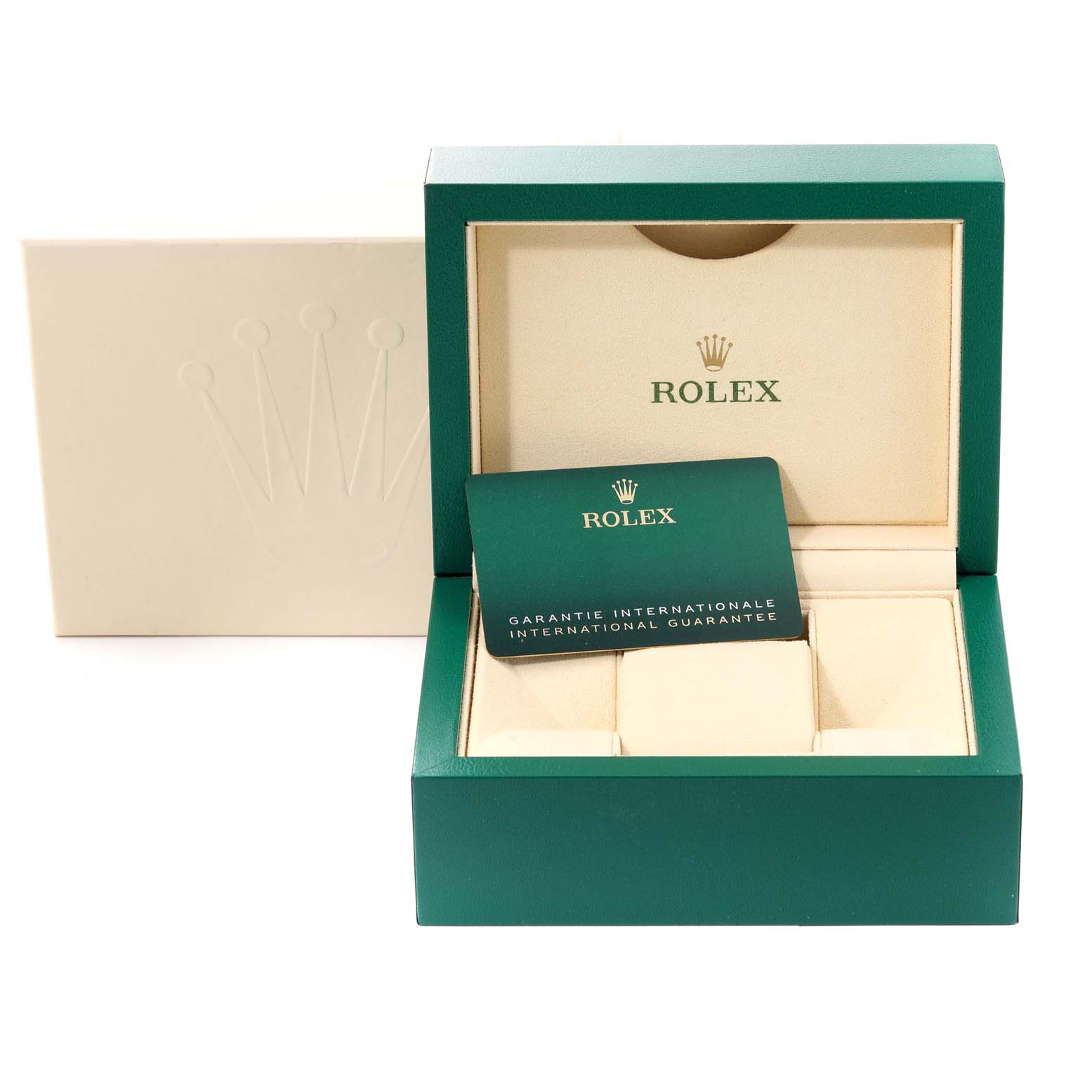 The image shows a Rolex Oyster Perpetual 124300 Men's Stainless Steel Blue Dial 124300 Men's Stainless Steel Blue Dial watch box and its international guarantee card.