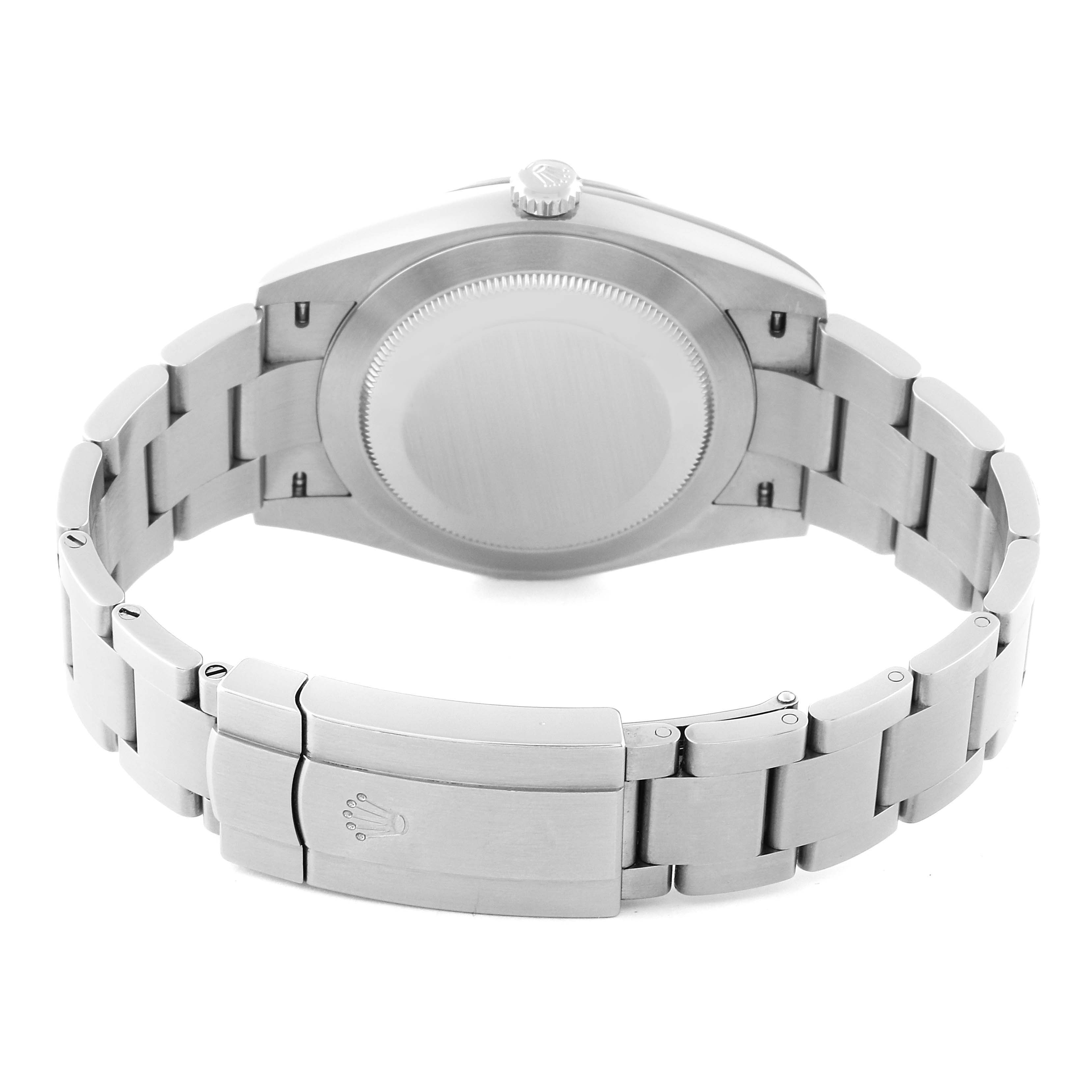 The image shows the back case and bracelet of a Rolex Oyster Perpetual 124300 Men's Stainless Steel Blue Dial 124300 Men's Stainless Steel Blue Dial watch from a rear angle.