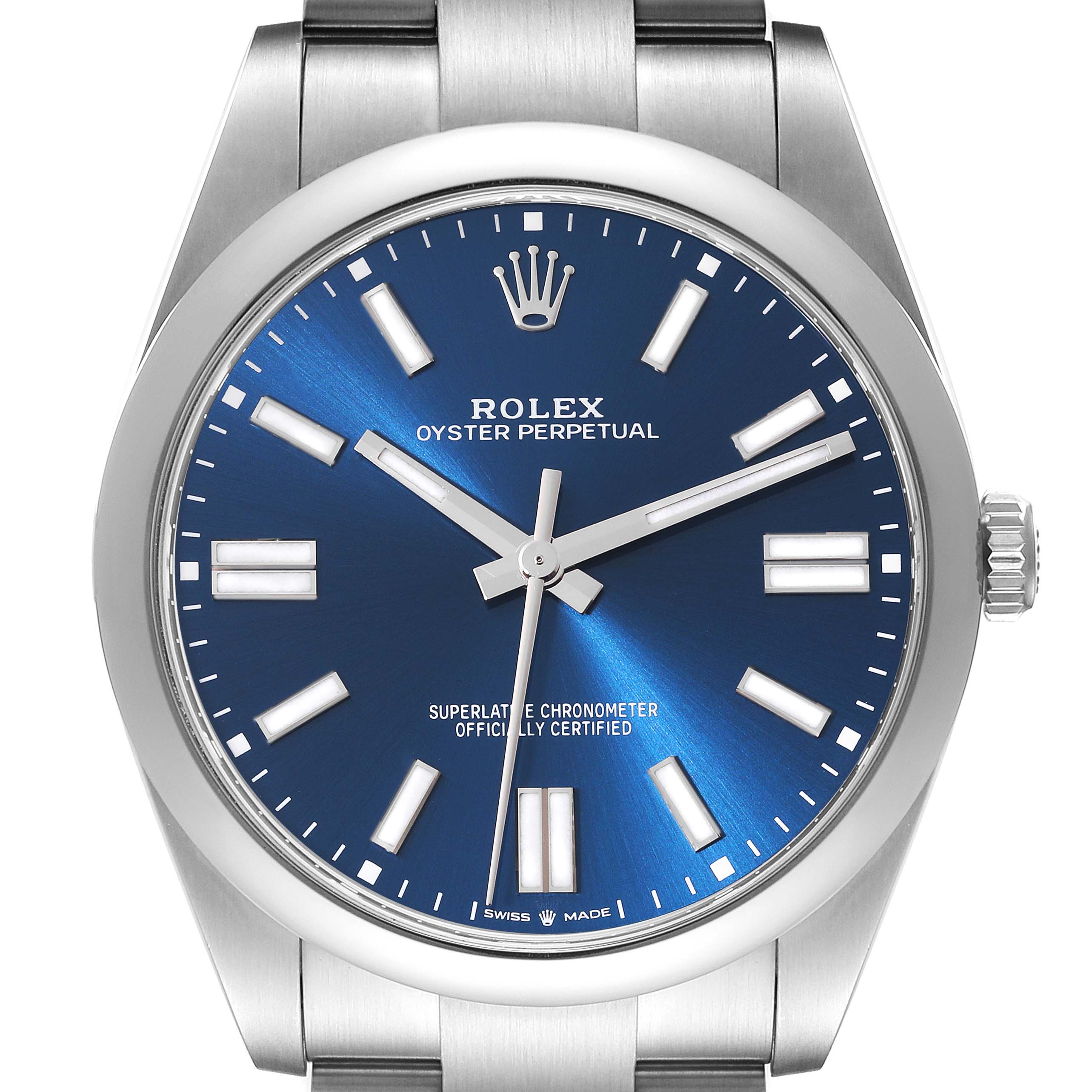 This image displays a front view of a Rolex Oyster Perpetual 124300 Men's Stainless Steel Blue Dial 124300 Men's Stainless Steel Blue Dial watch, showing the dial, hands, bezel, and part of the bracelet.
