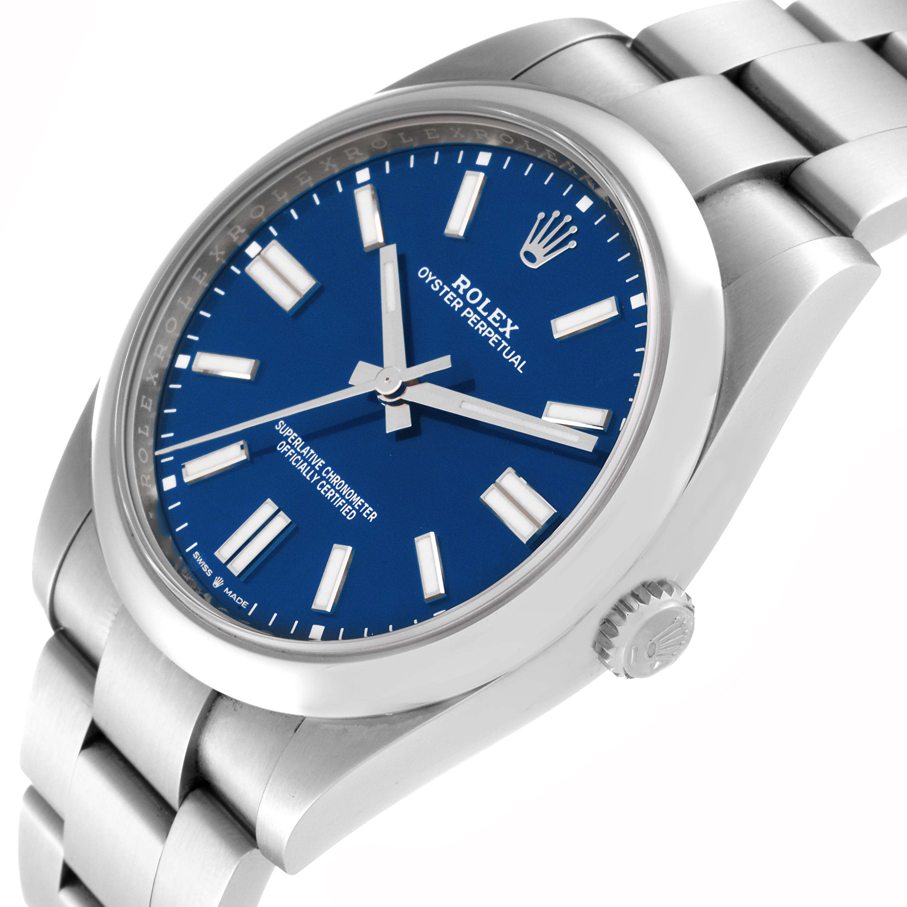 The Rolex Oyster Perpetual 124300 Men's Stainless Steel Blue Dial 124300 Men's Stainless Steel Blue Dial watch is shown at an angled close-up, highlighting its blue dial, bracelet, and winding crown.