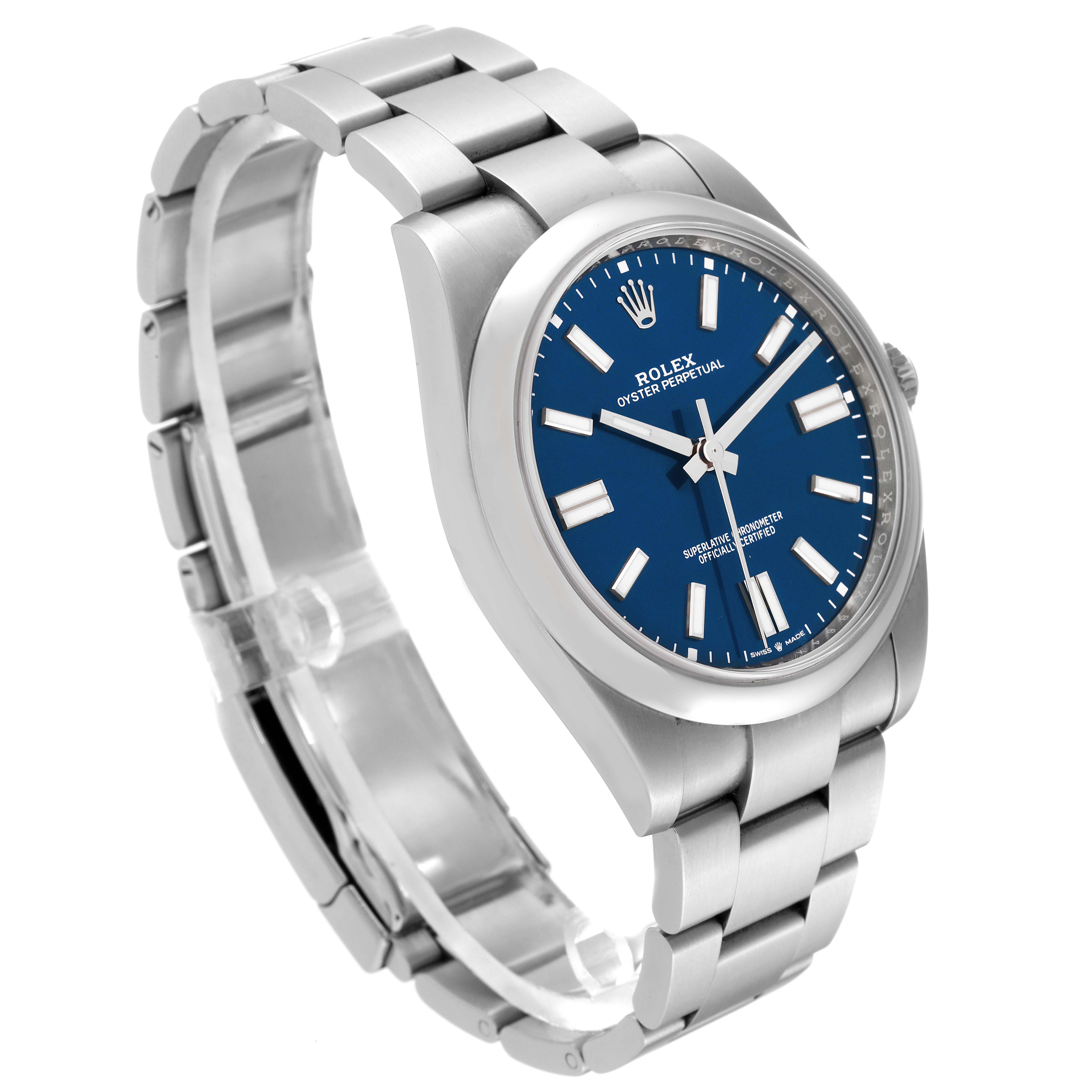 The Rolex Oyster Perpetual 124300 Men's Stainless Steel Blue Dial 124300 Men's Stainless Steel Blue Dial watch is shown at a three-quarter angle, displaying the blue dial, case, and stainless steel bracelet.
