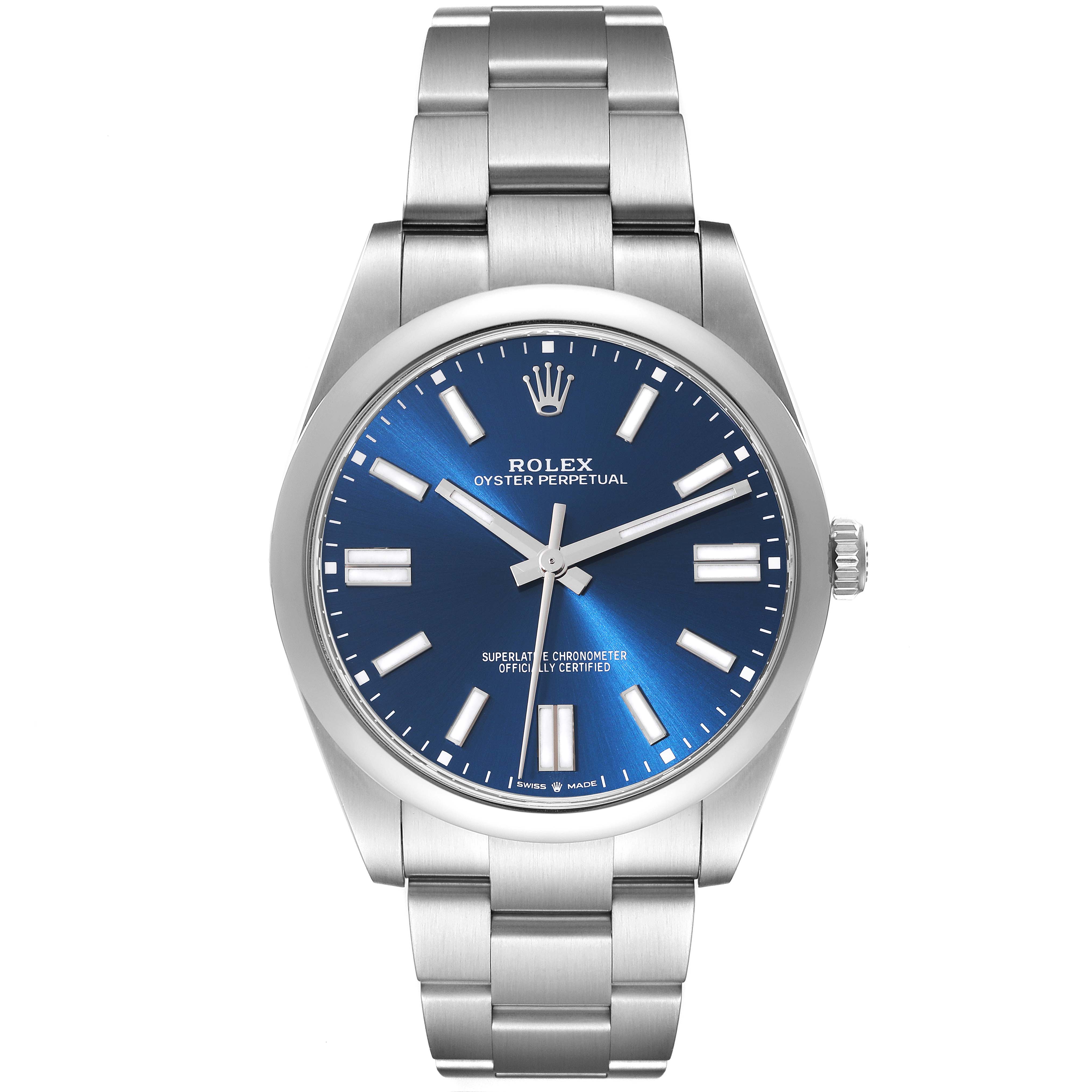 This image shows a front view of the Rolex Oyster Perpetual 124300 Men's Stainless Steel Blue Dial 124300 Men's Stainless Steel Blue Dial watch, revealing its blue dial and stainless steel bracelet.
