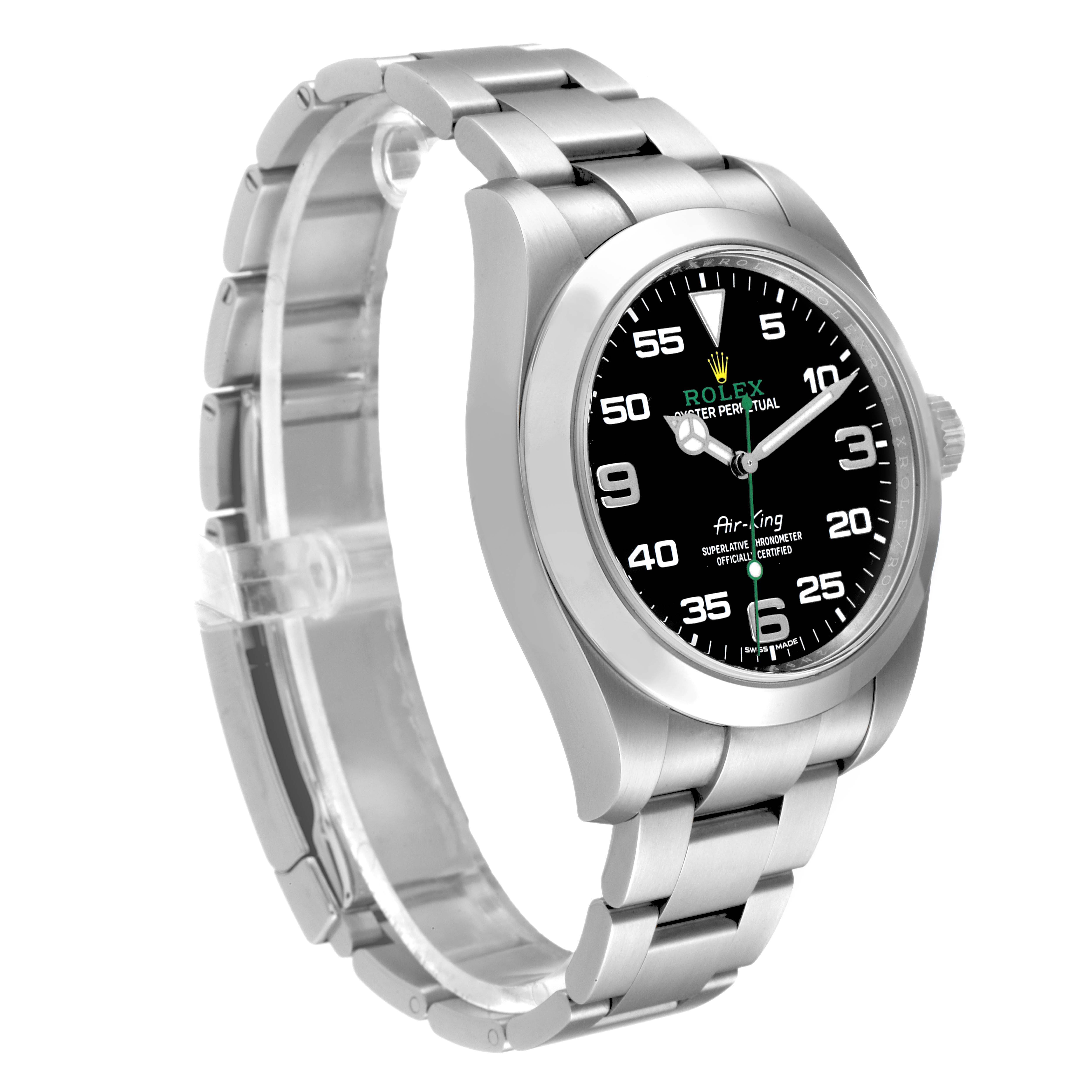 The image shows a side angle of a Rolex Air-King 116900 Men's Stainless Steel Black Dial 116900 Men's Stainless Steel Black Dial watch, highlighting the stainless steel bracelet and black dial.