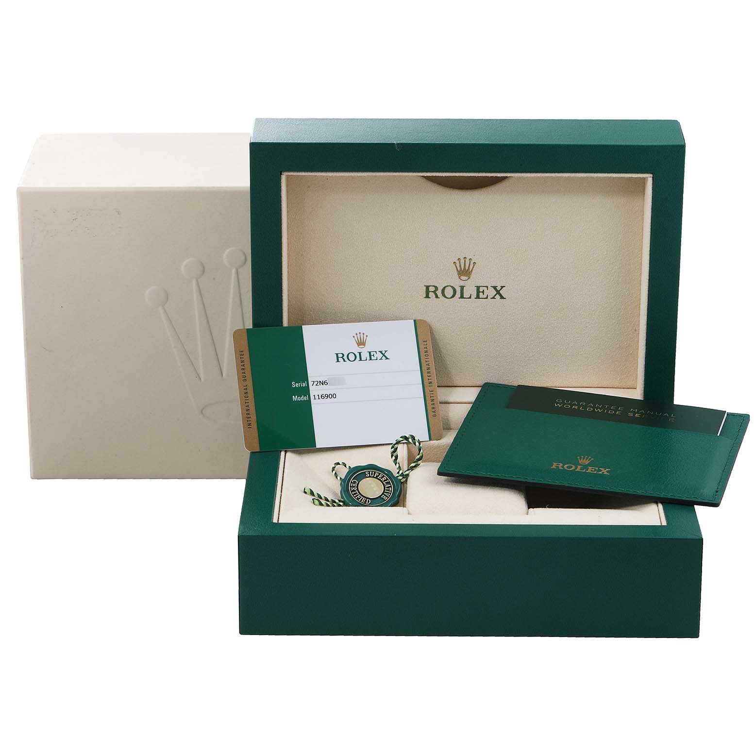 This image shows the packaging, warranty card, and accessories for the Rolex Air-King 116900 Men's Stainless Steel Black Dial 116900 Men's Stainless Steel Black Dial, including a green box and a tag.