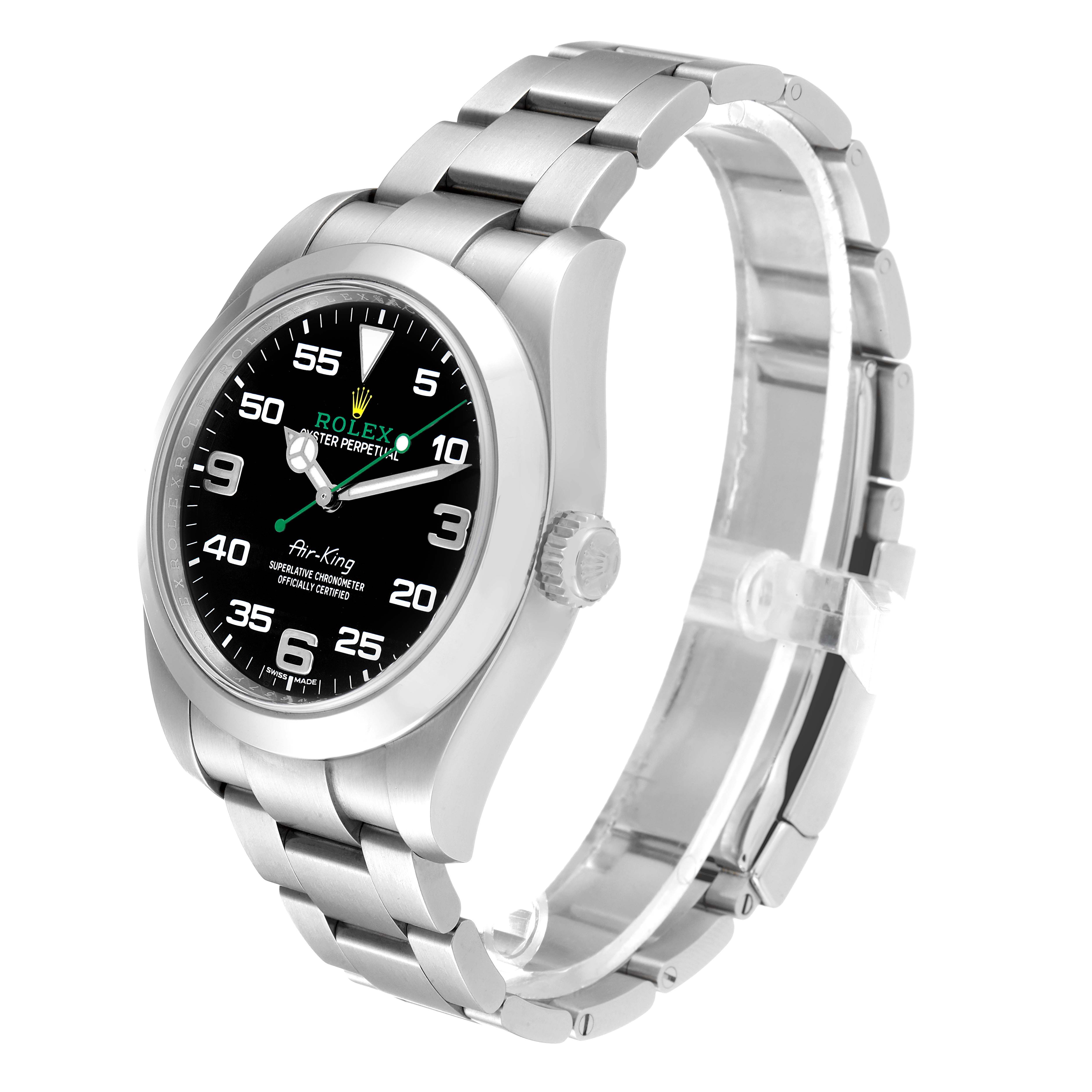 This Rolex Air-King 116900 Men's Stainless Steel Black Dial 116900 Men's Stainless Steel Black Dial watch is shown from an angled side view showcasing its dial, bezel, case, crown, and bracelet.