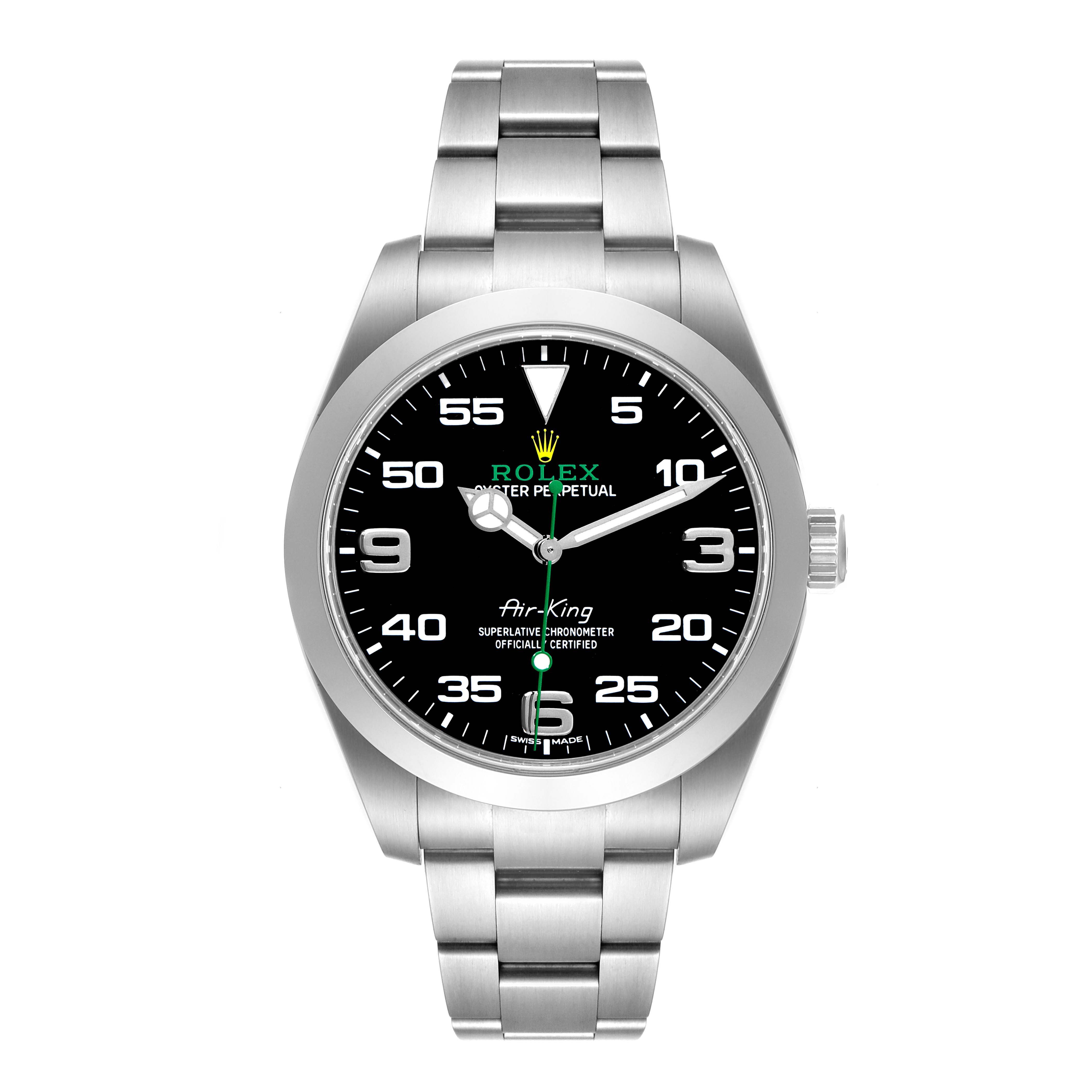 This image shows a front view of the Rolex Air-King 116900 Men's Stainless Steel Black Dial 116900 Men's Stainless Steel Black Dial watch, showcasing its dial, case, and bracelet.
