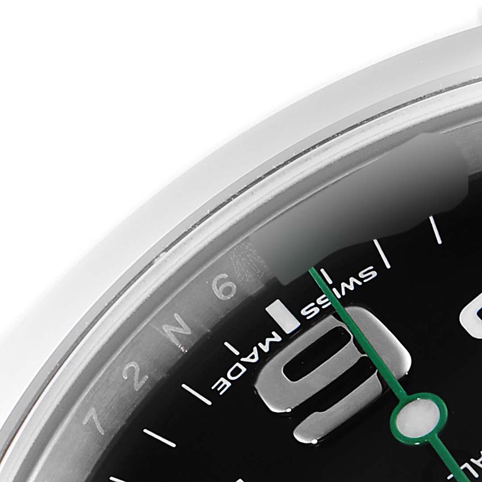 The image shows a close-up of the Rolex Air-King 116900 Men's Stainless Steel Black Dial 116900 Men's Stainless Steel Black Dial watch dial, focusing on the "9" marker and the "Swiss Made" text.