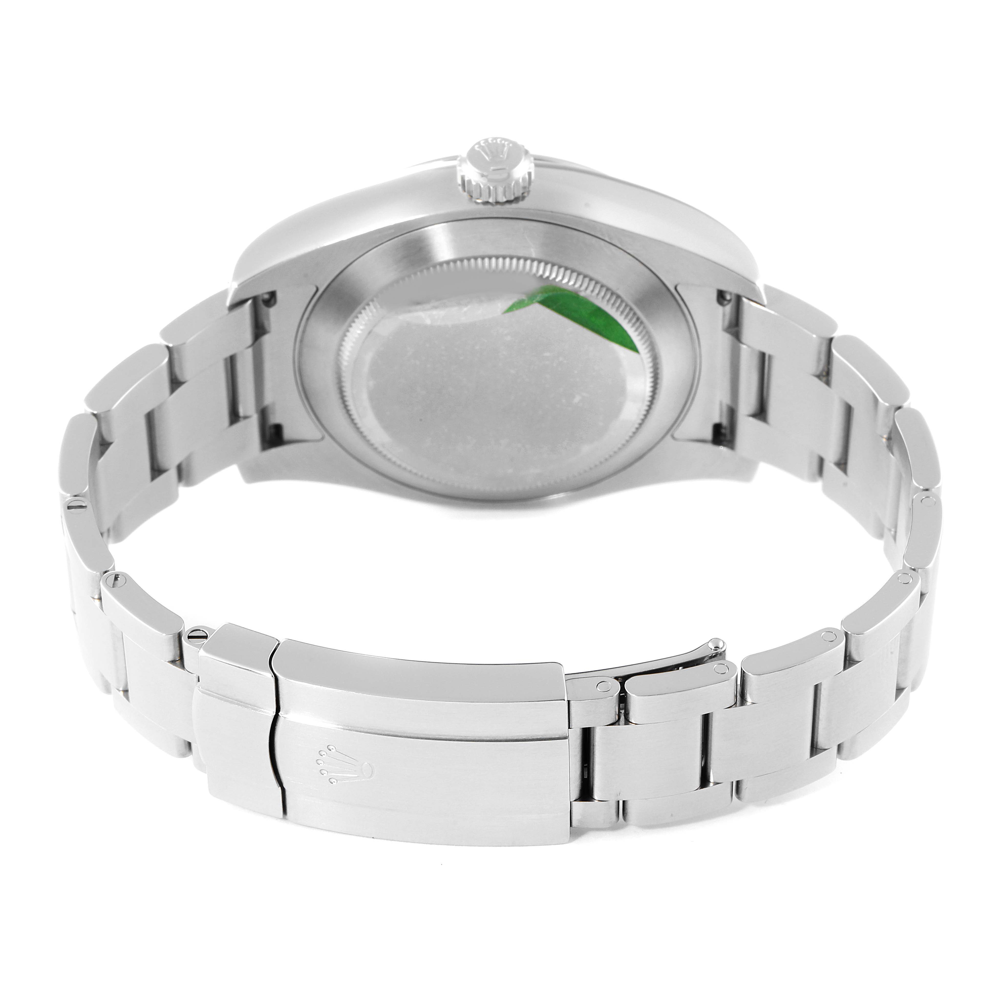 The image shows the back view of a Rolex Air-King 116900 Men's Stainless Steel Black Dial 116900 Men's Stainless Steel Black Dial watch, highlighting its stainless steel bracelet and clasp.