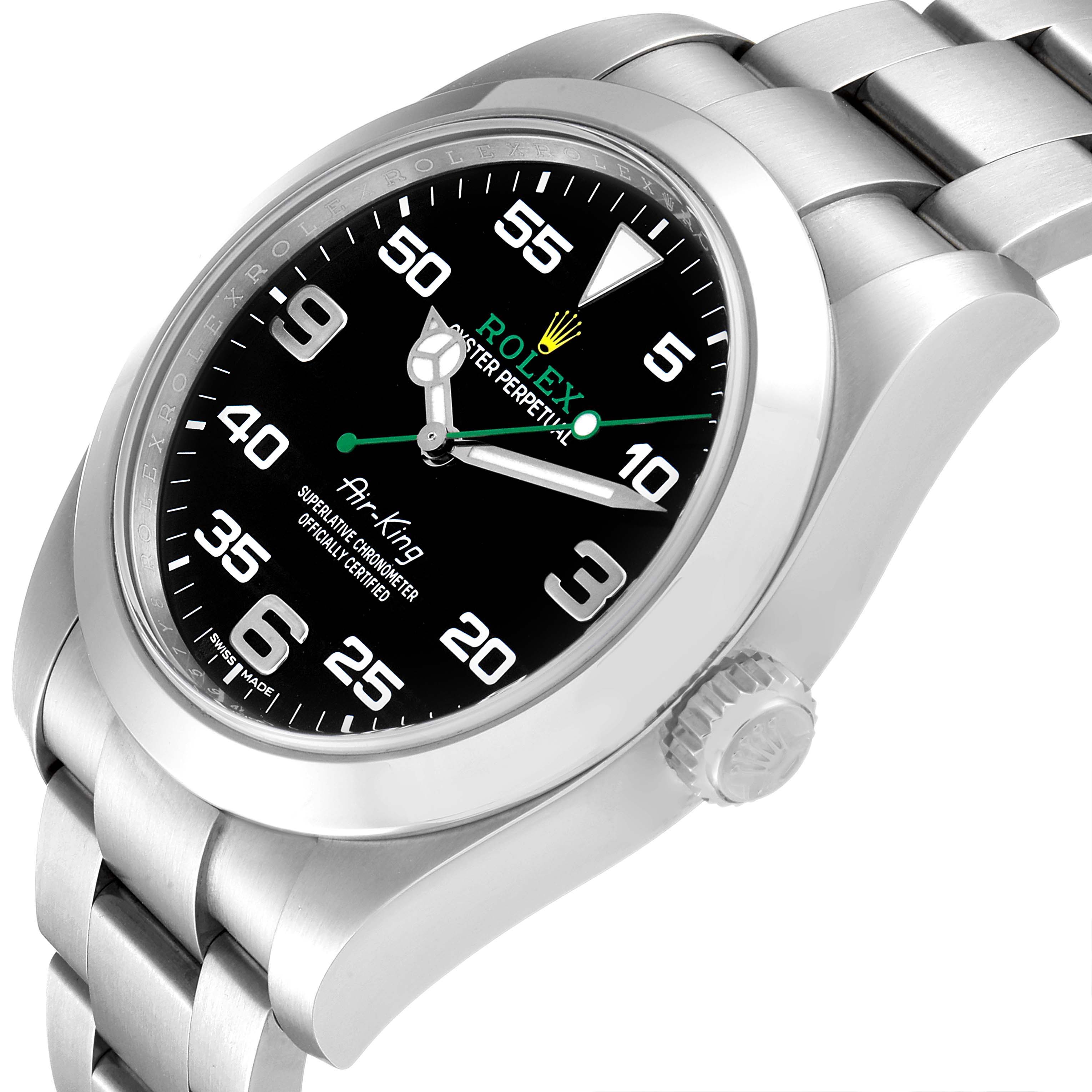 The image shows a Rolex Air-King 116900 Men's Stainless Steel Black Dial 116900 Men's Stainless Steel Black Dial watch at a slight side angle, highlighting the dial, bezel, and bracelet.