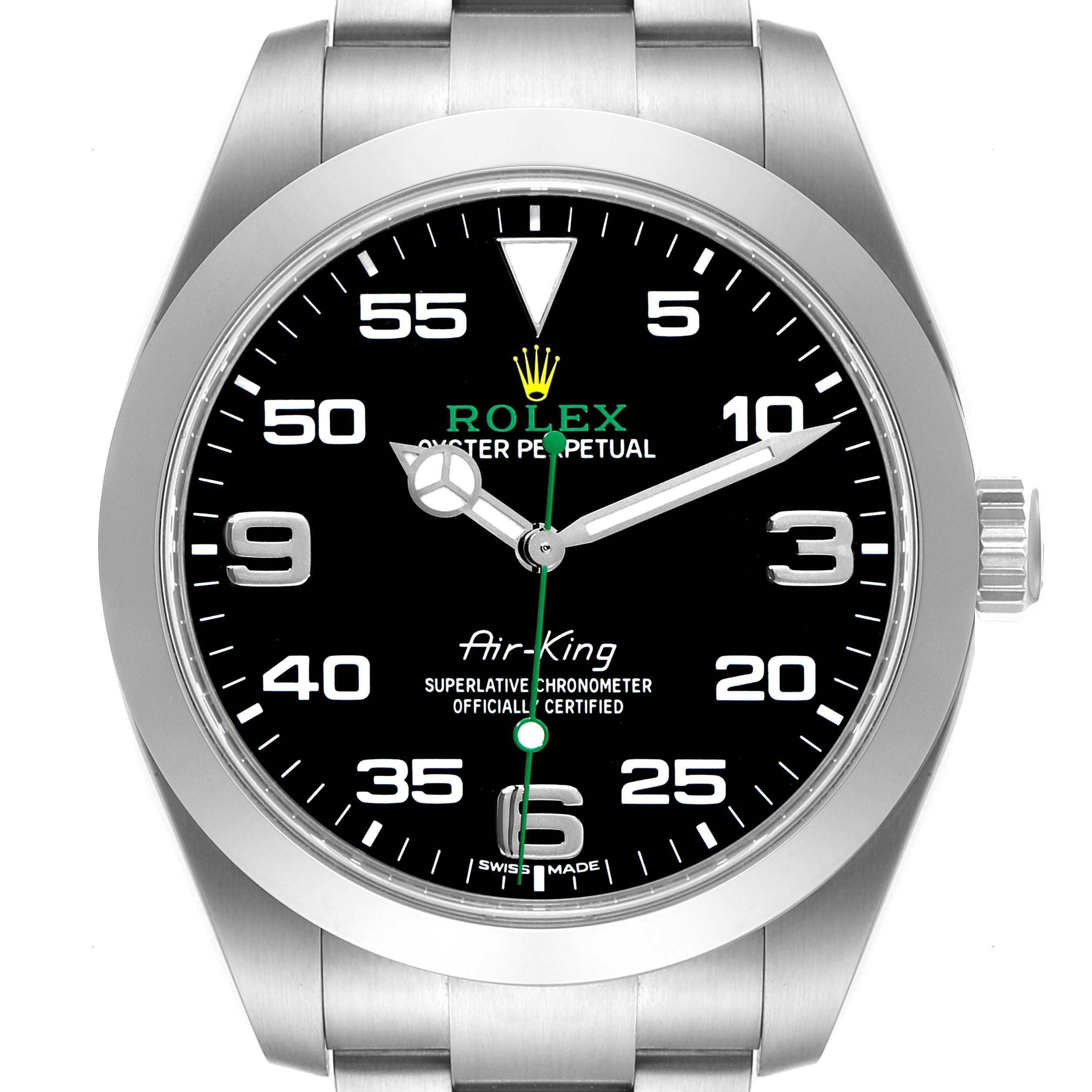 This image shows a frontal view of a Rolex Air-King 116900 Men's Stainless Steel Black Dial 116900 Men's Stainless Steel Black Dial watch, displaying its face, bezel, and bracelet.