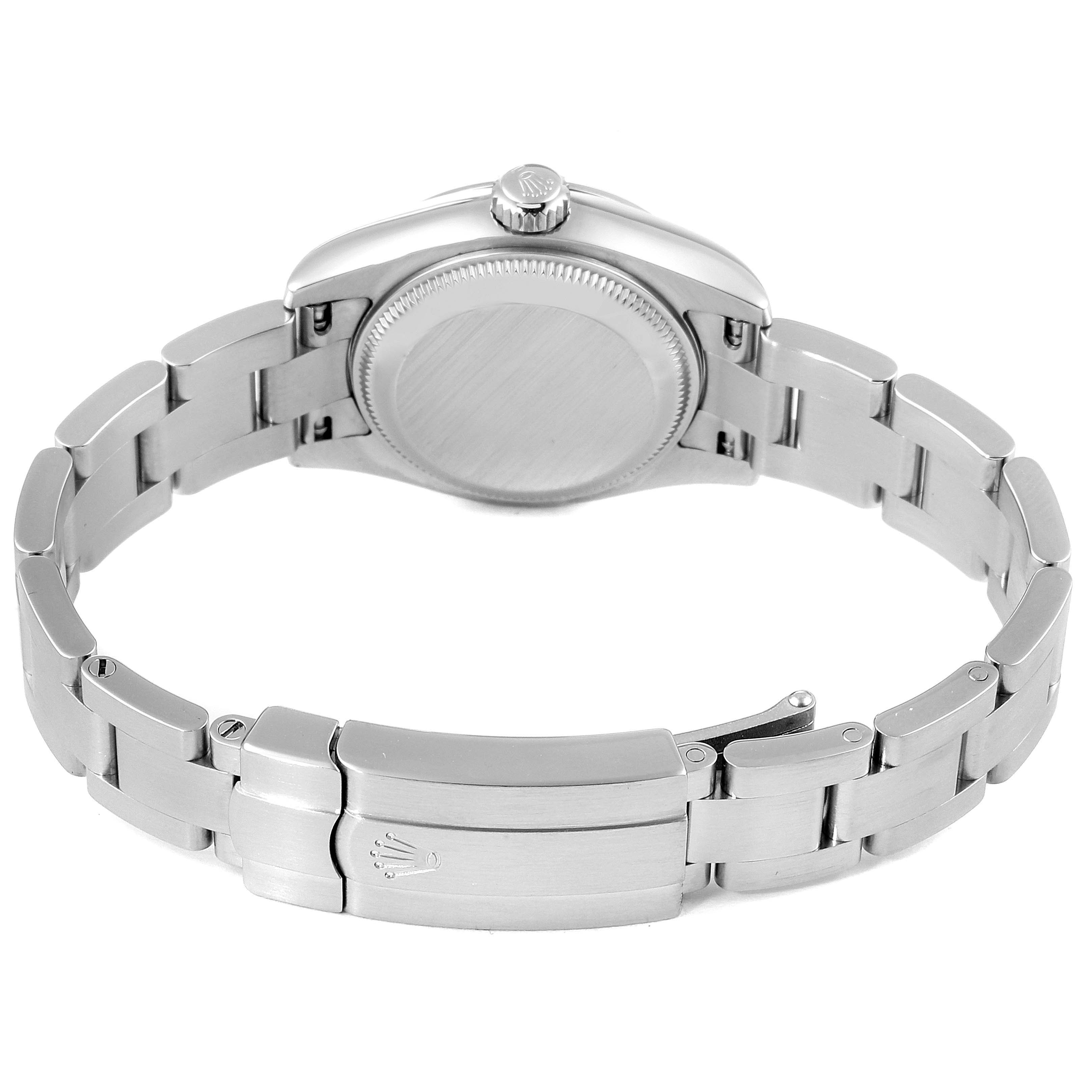 The image shows the back view of a Rolex Oyster Perpetual 176200 Women's Stainless Steel Black Dial 176200 Women's Stainless Steel Black Dial watch, highlighting its bracelet and clasp.