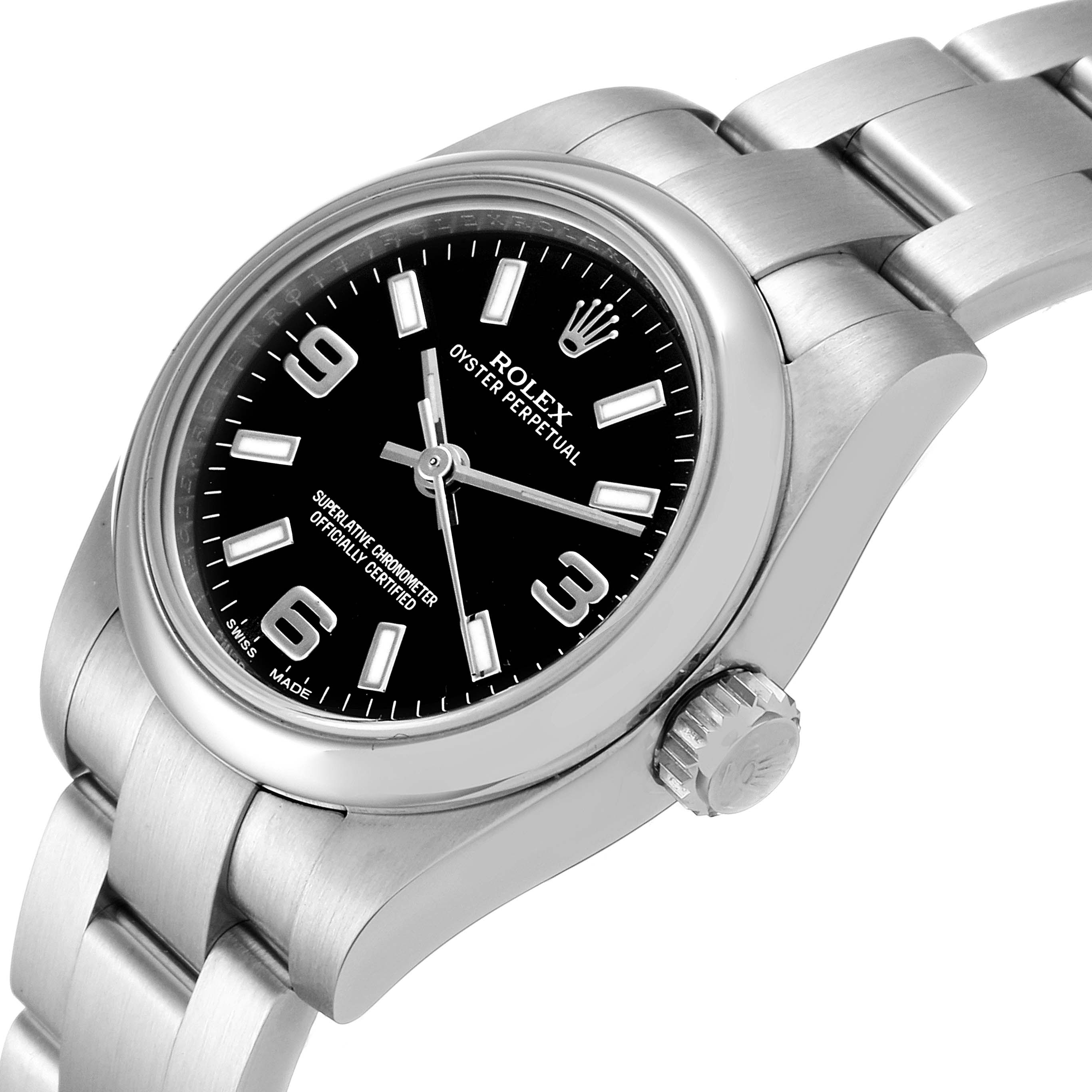 This image features a Rolex Oyster Perpetual 176200 Women's Stainless Steel Black Dial 176200 Women's Stainless Steel Black Dial watch angled to show the dial, case, and part of the bracelet.