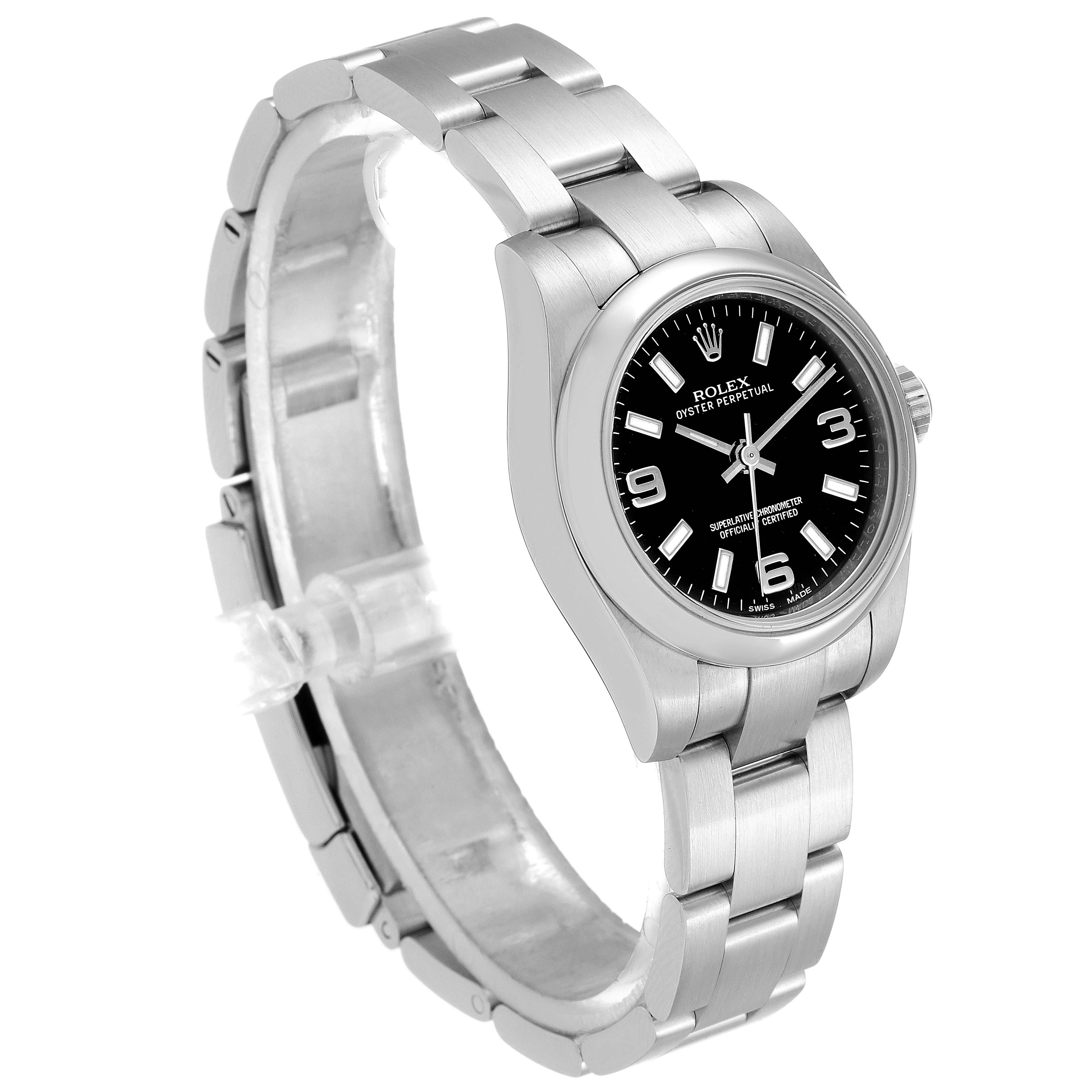 This image shows a side angle view of a Rolex Oyster Perpetual 176200 Women's Stainless Steel Black Dial 176200 Women's Stainless Steel Black Dial watch, highlighting the watch face, bezel, and bracelet.