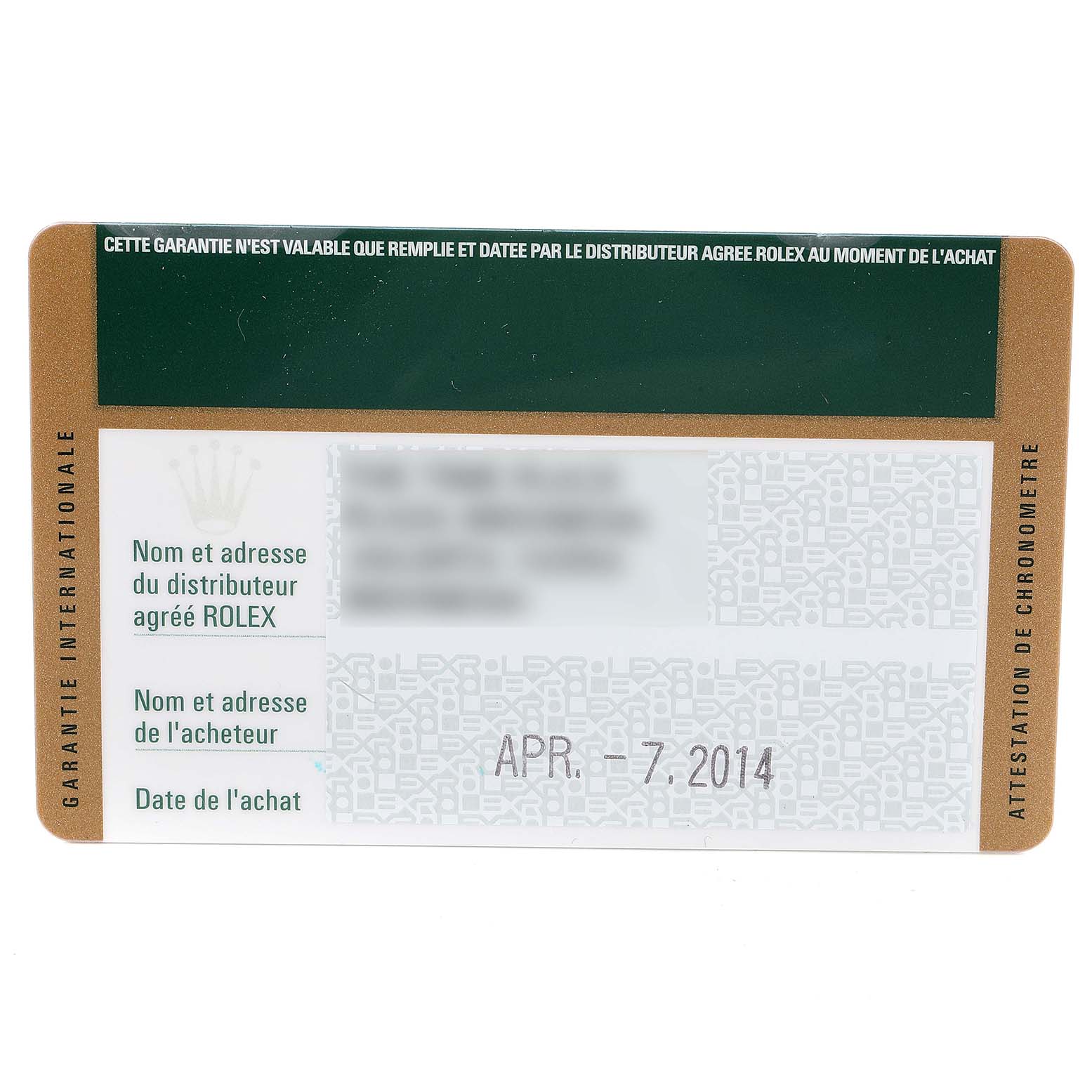 The image shows an international warranty card for a Rolex Oyster Perpetual 176200 Women's Stainless Steel Black Dial 176200 Women's Stainless Steel Black Dial, dated April 7, 2014.