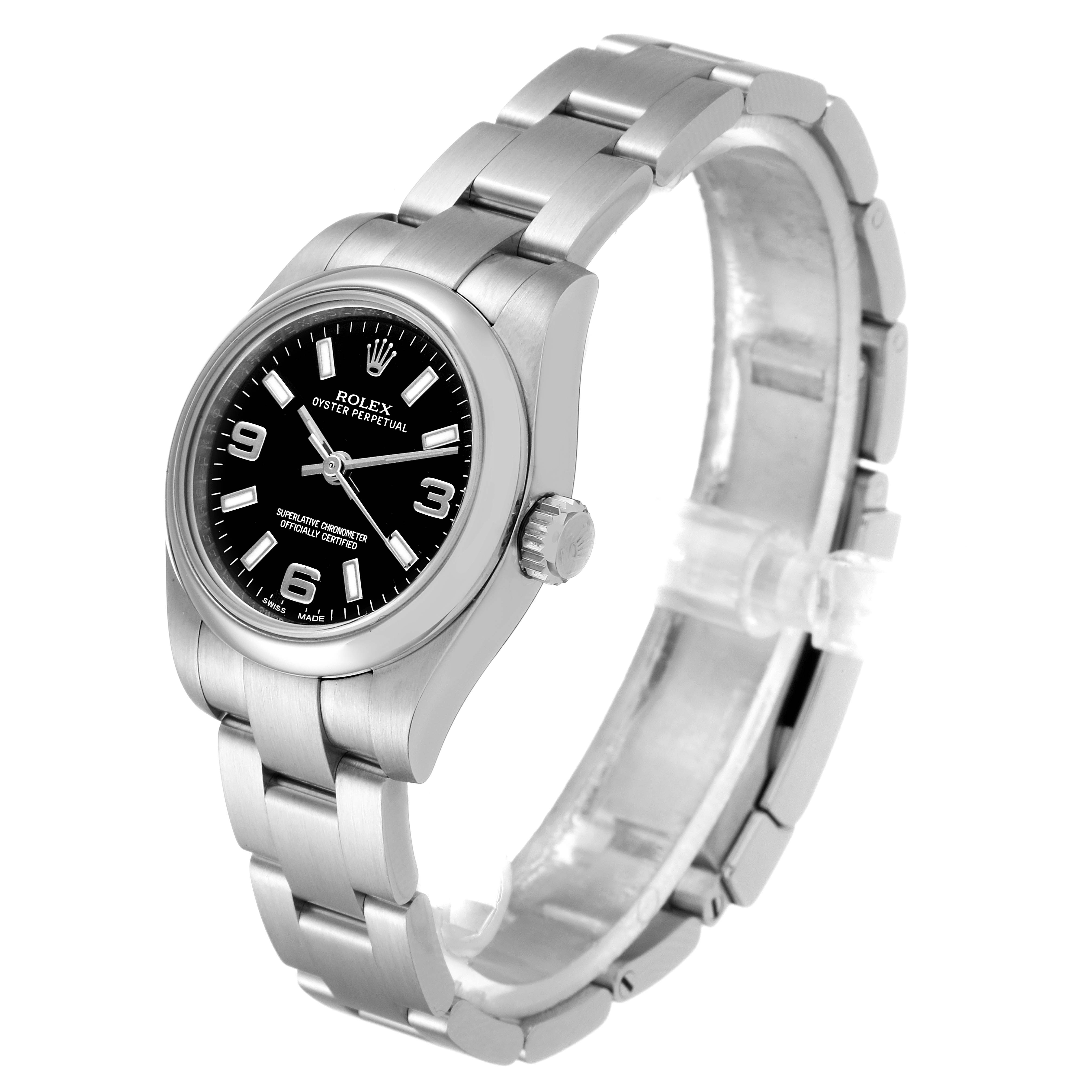 This image shows a Rolex Oyster Perpetual 176200 Women's Stainless Steel Black Dial 176200 Women's Stainless Steel Black Dial watch angled to display the face, bezel, crown, and bracelet.