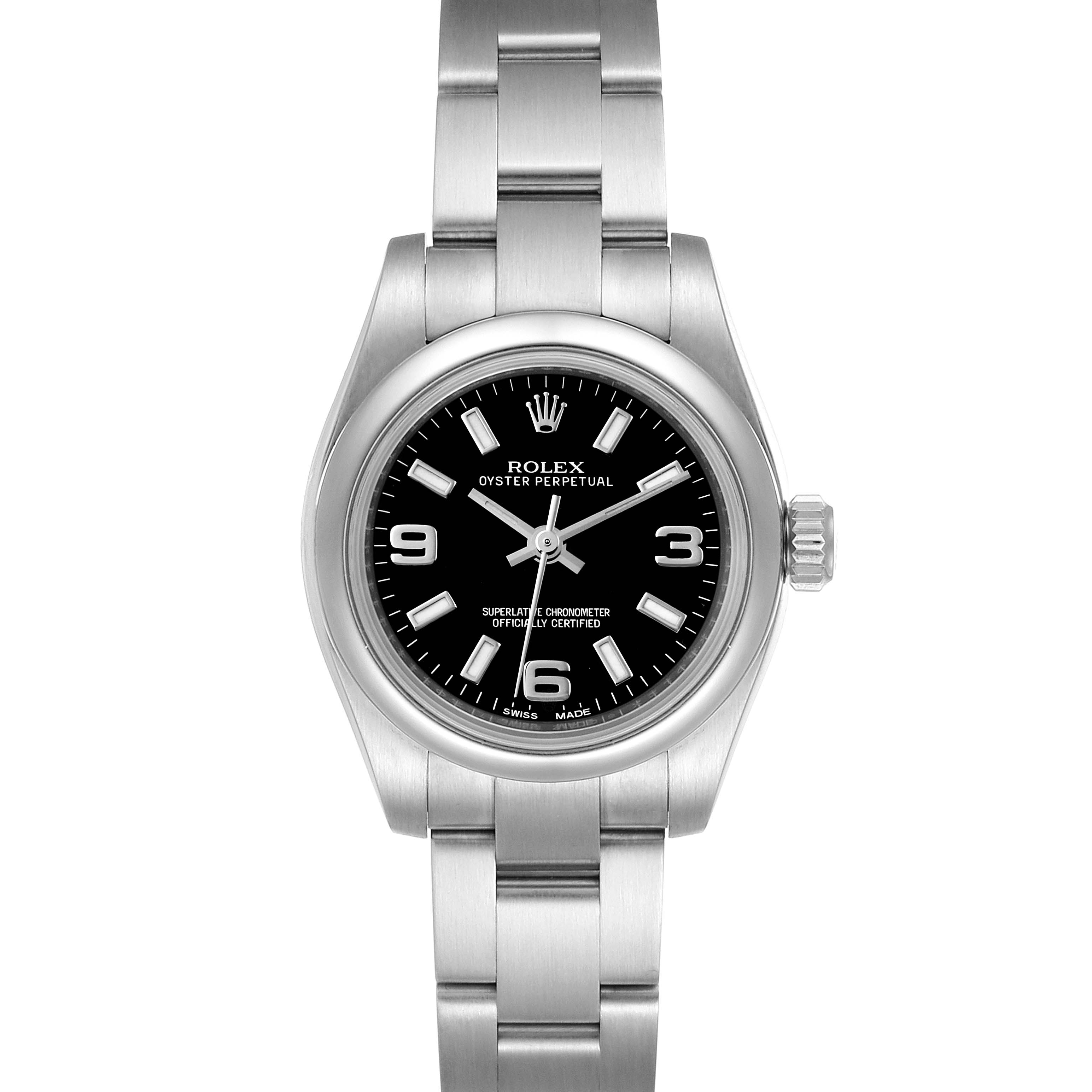 This image shows a front view of the Rolex Oyster Perpetual 176200 Women's Stainless Steel Black Dial 176200 Women's Stainless Steel Black Dial watch, highlighting its dial, bezel, and bracelet.