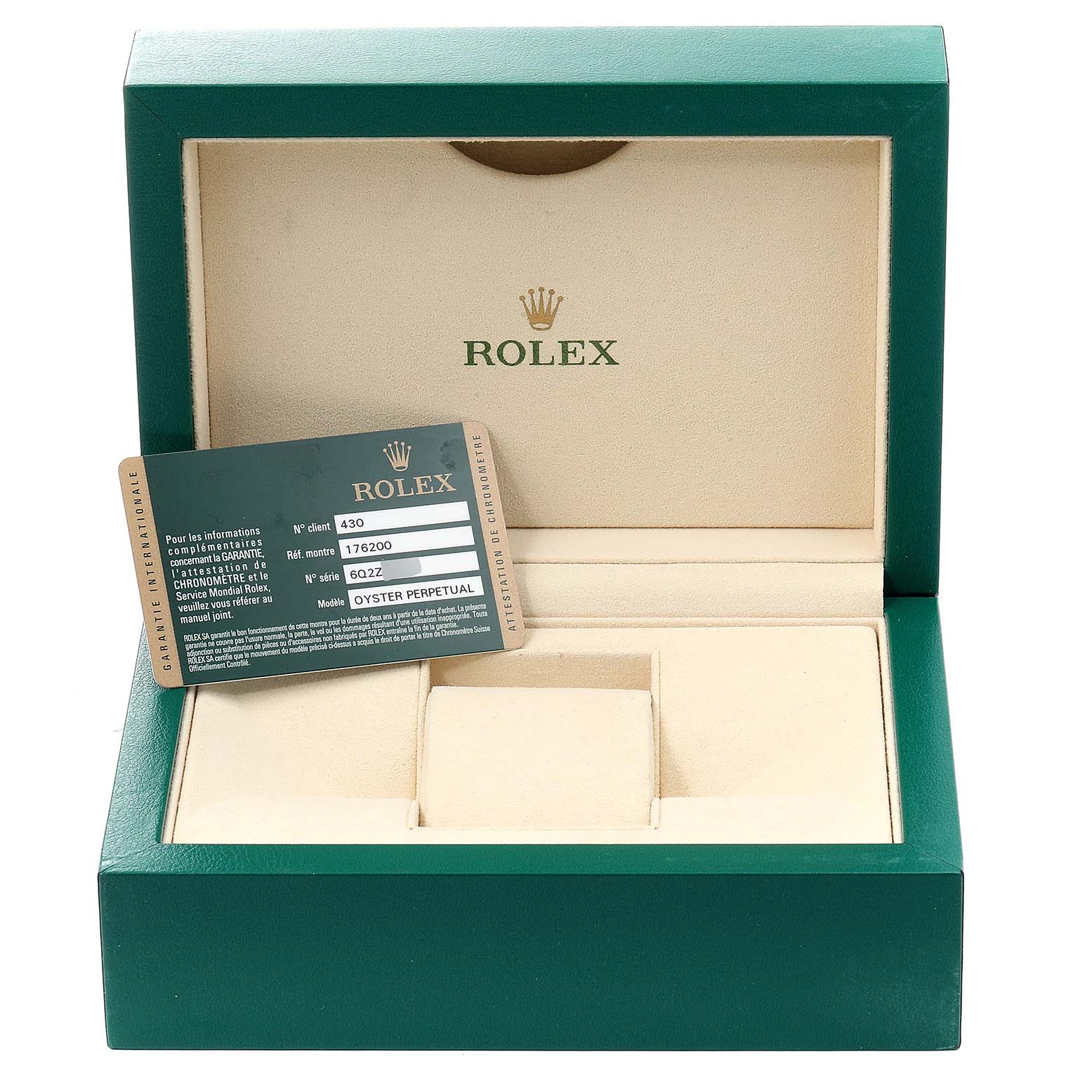 The image shows the open box and authenticity card for a Rolex Oyster Perpetual 176200 Women's Stainless Steel Black Dial 176200 Women's Stainless Steel Black Dial watch.