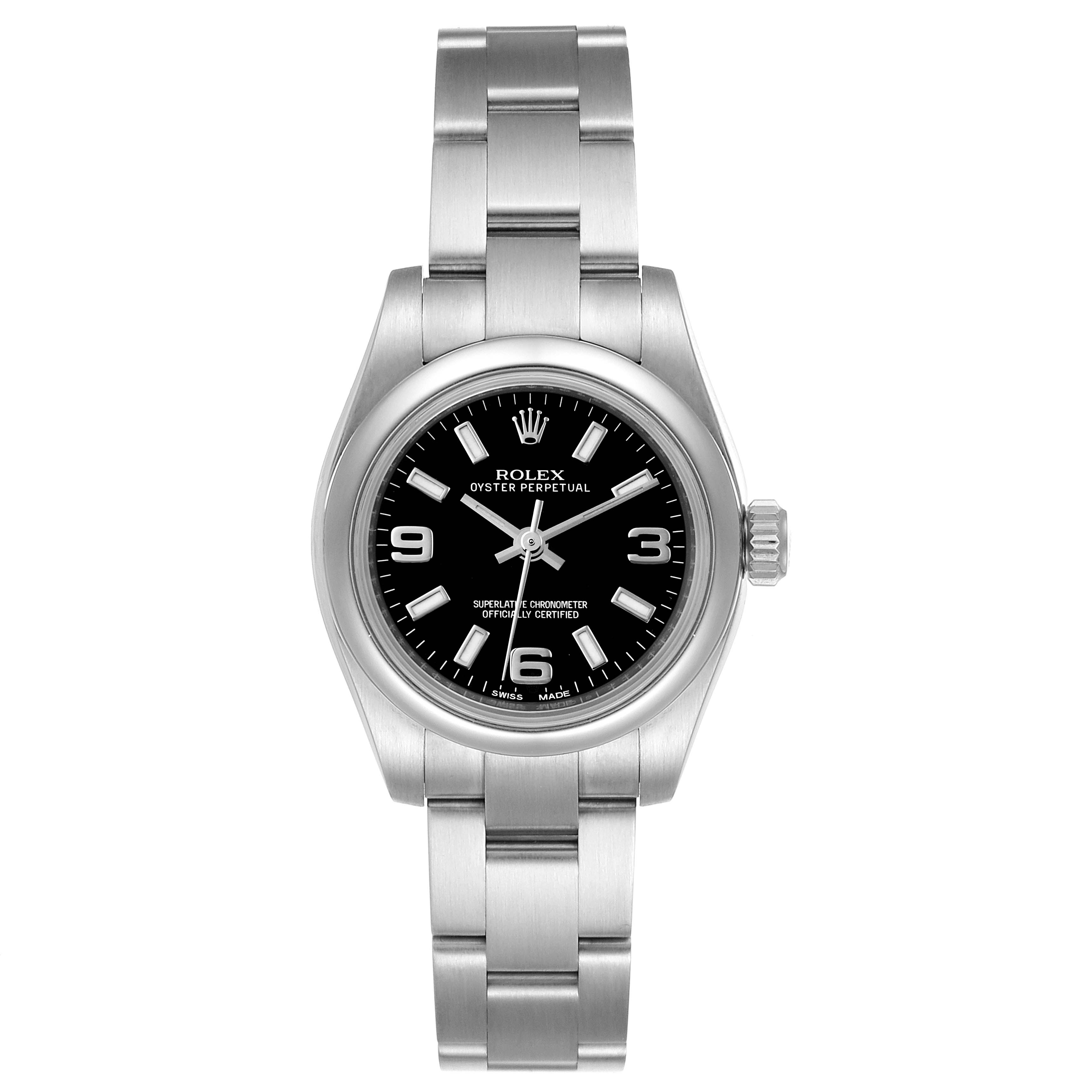 The image displays a front view of a Rolex Oyster Perpetual 176200 Women's Stainless Steel Black Dial 176200 Women's Stainless Steel Black Dial watch, highlighting the dial, bezel, and bracelet.