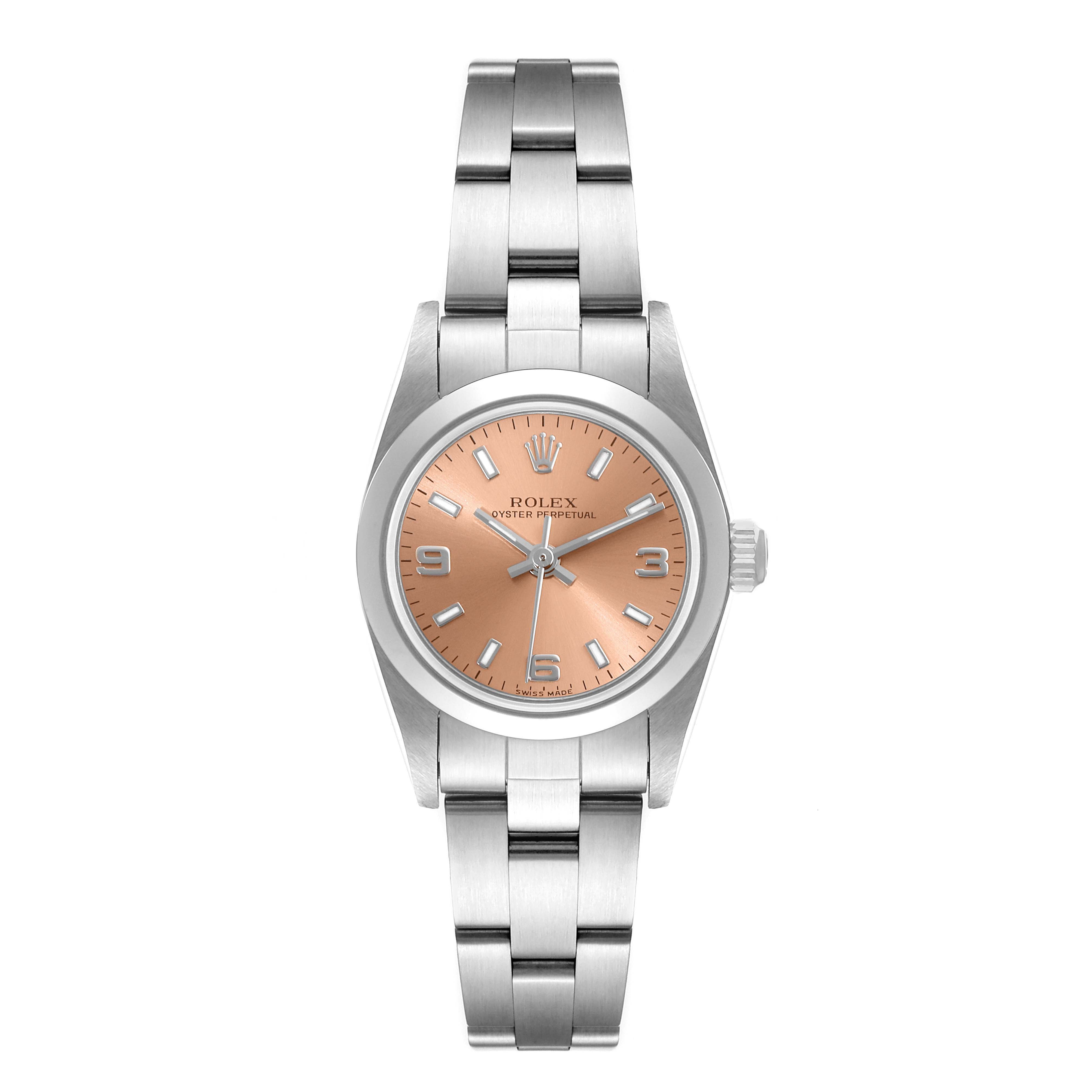 This is a front view of a Rolex Oyster Perpetual 76080 Women's Stainless Steel Pink Dial 76080 Women's Stainless Steel Pink Dial showcasing its dial, bezel, case, and bracelet.