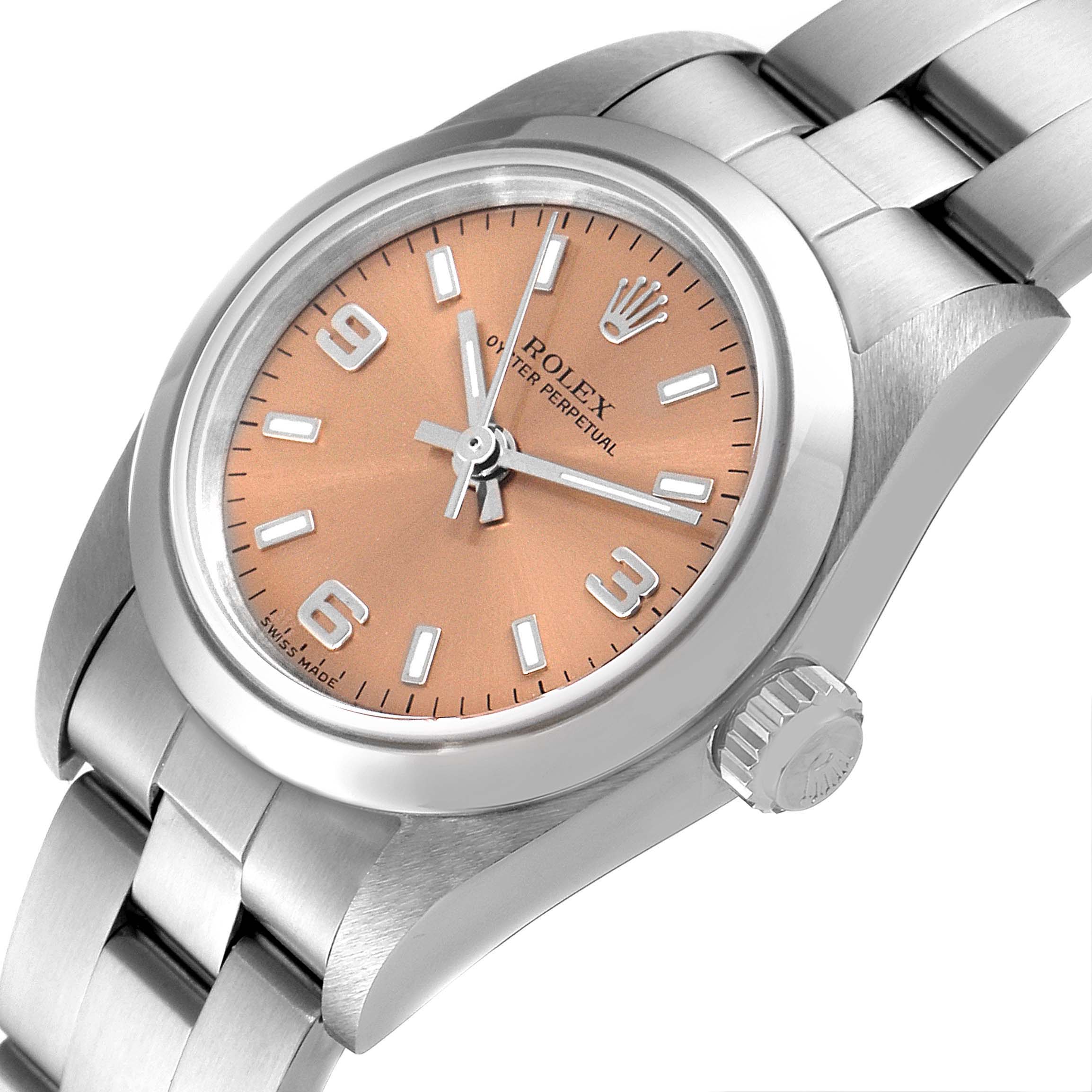 The image shows a close-up angle of the Rolex Oyster Perpetual 76080 Women's Stainless Steel Pink Dial 76080 Women's Stainless Steel Pink Dial watch, highlighting the dial, bezel, crown, and part of the bracelet.