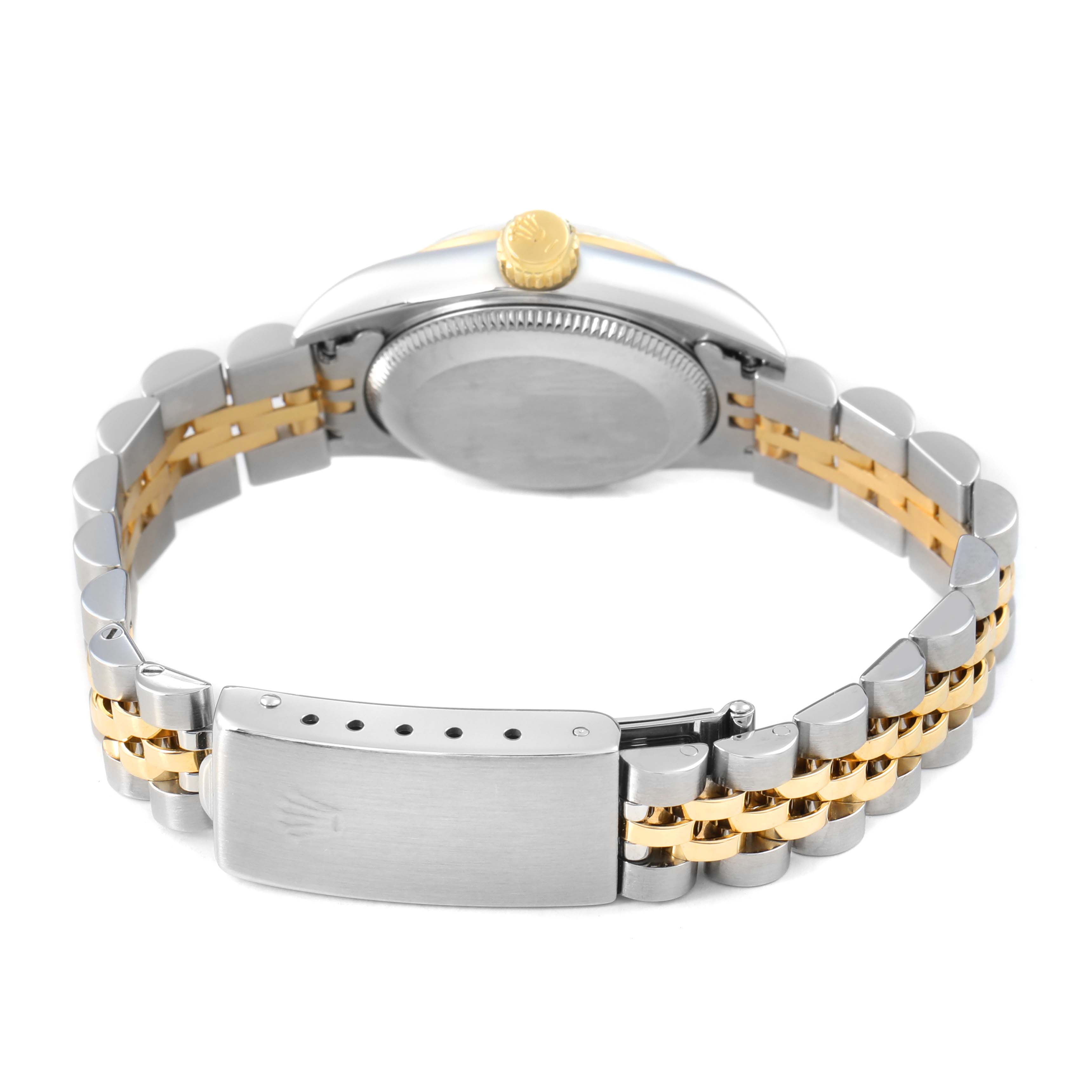 The image shows the back and clasp of a Rolex Datejust 67193 Men's Steel and Gold (two tone) Champagne Dial, highlighting the watch's bracelet and case back.
