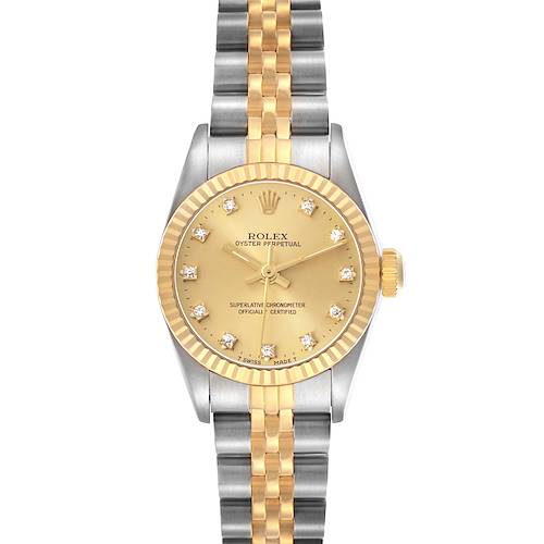 The Rolex Datejust 67193 Men's Steel and Gold (two tone) Champagne Dial watch is shown from a top-down angle, displaying the dial, bezel, and two-tone bracelet.