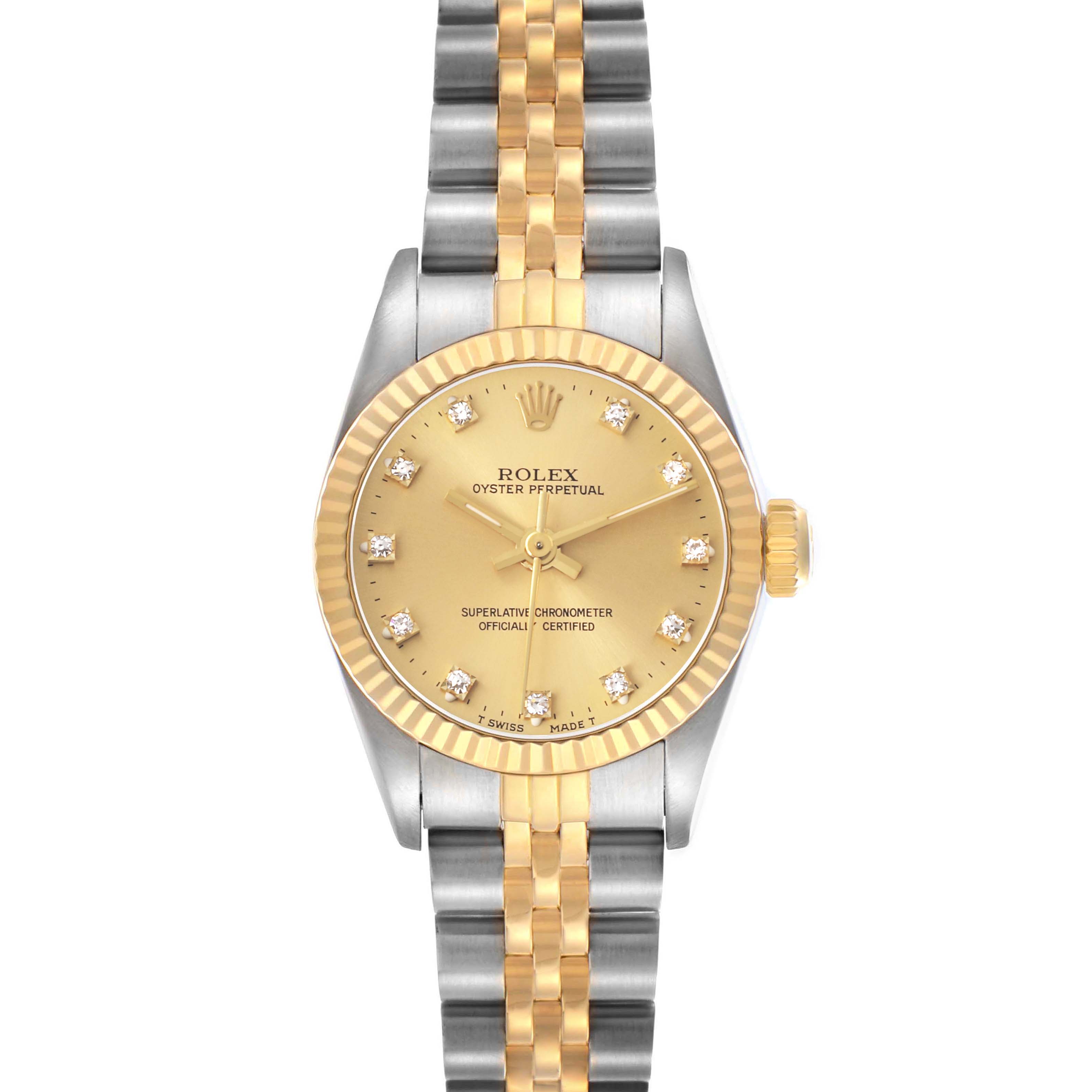 The Rolex Datejust 67193 Men's Steel and Gold (two tone) Champagne Dial watch is shown from a front angle, displaying its dial, bezel, and Jubilee bracelet.