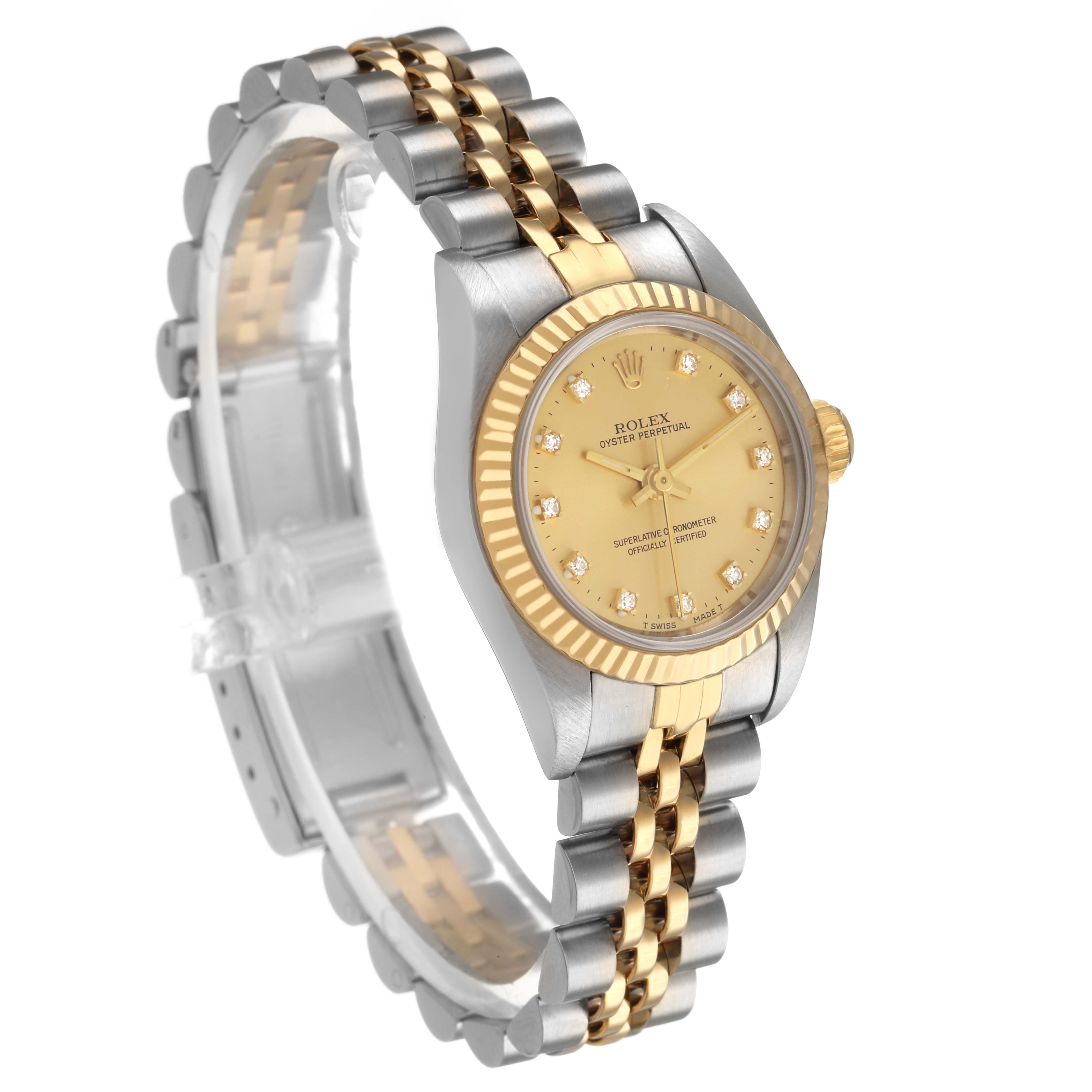The Rolex Datejust 67193 Men's Steel and Gold (two tone) Champagne Dial watch is shown at an angled side view, highlighting its dial, bezel, and Jubilee bracelet.