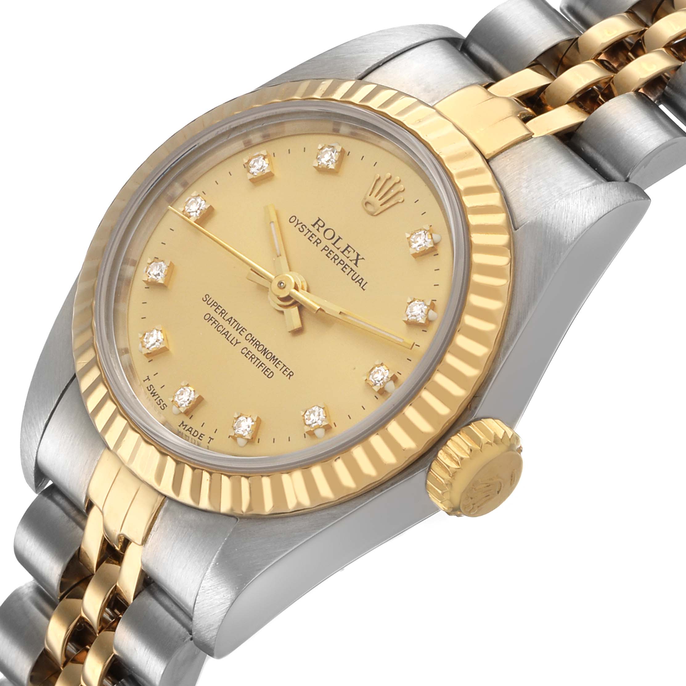 The Rolex Datejust 67193 Men's Steel and Gold (two tone) Champagne Dial watch is shown at an angled close-up, highlighting the dial, bezel, and part of the bracelet.