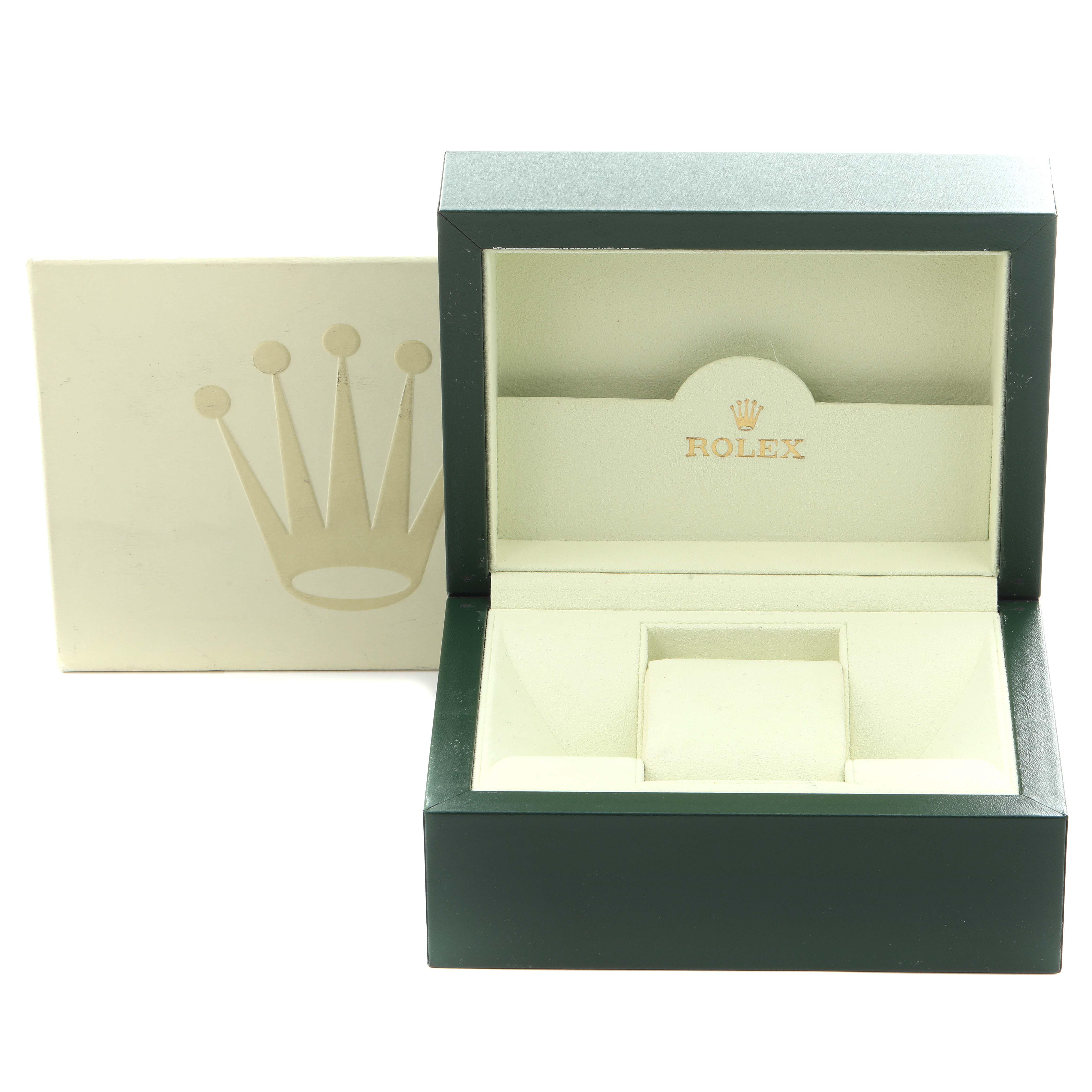 The image shows a Rolex Pearlmaster 69318 Women
s Yellow Gold White Dial 69318 Women
s Yellow Gold White Dial watch box, open with a green exterior and gold branding, viewed from the front.