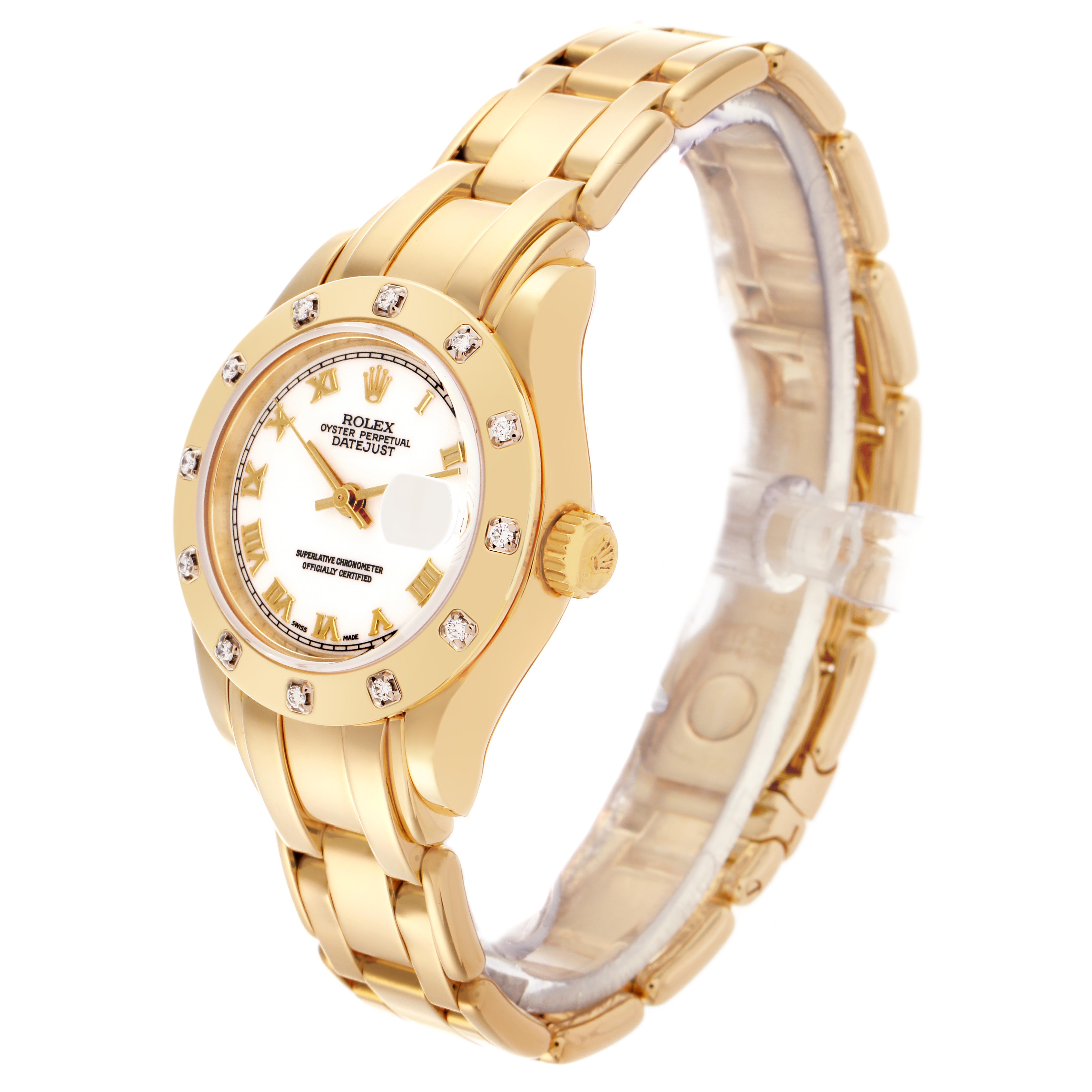 The Rolex Pearlmaster 69318 Women
s Yellow Gold White Dial 69318 Women
s Yellow Gold White Dial watch is shown at a three-quarter angle, highlighting the bezel, dial, and bracelet.