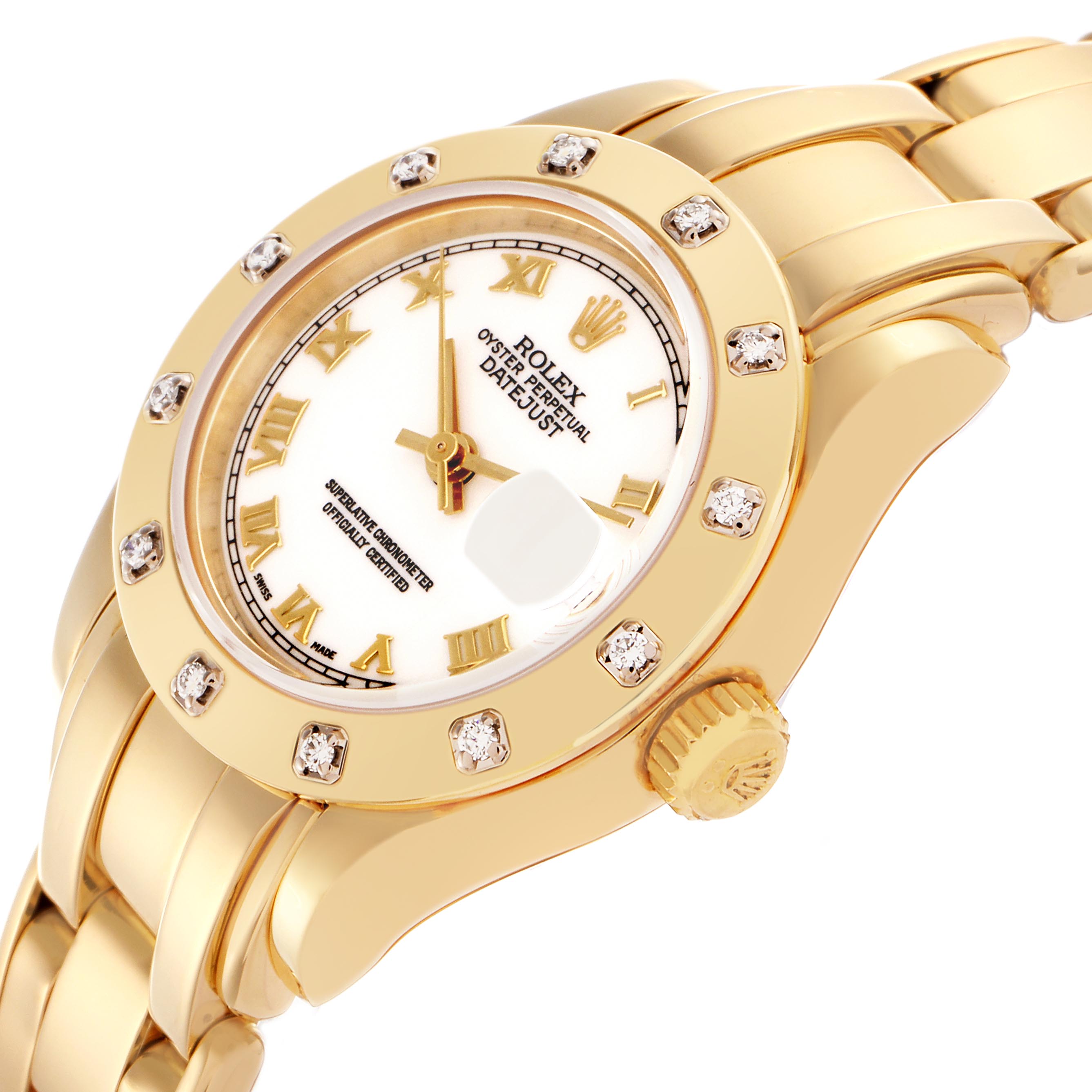 The Rolex Pearlmaster 69318 Women
s Yellow Gold White Dial 69318 Women
s Yellow Gold White Dial watch is shown from a side angle highlighting the bezel, crown, dial, and part of the bracelet.