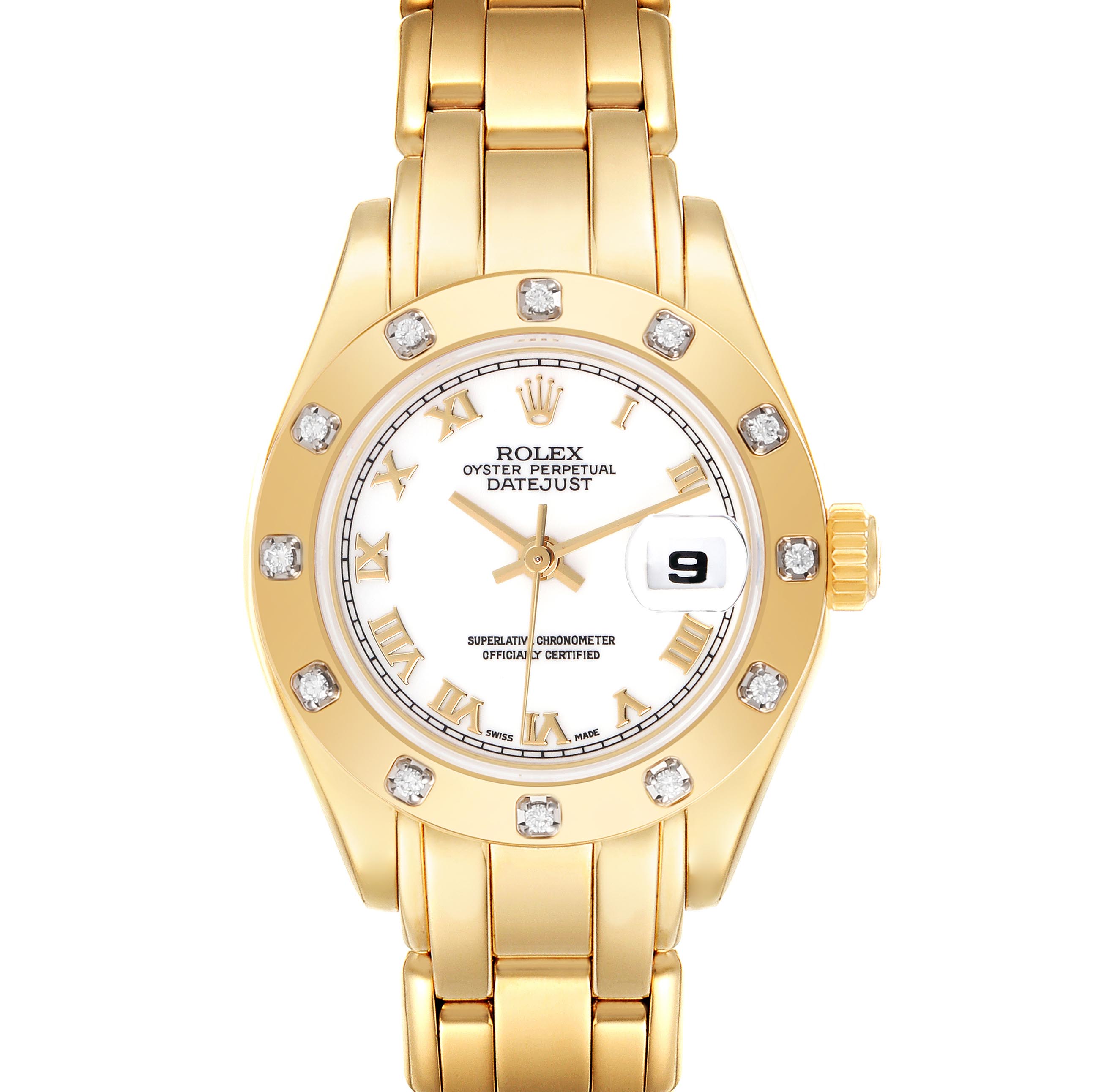 The Rolex Pearlmaster 69318 Women
s Yellow Gold White Dial 69318 Women
s Yellow Gold White Dial watch is shown from a front angle, displaying its dial, bezel, crown, and bracelet.