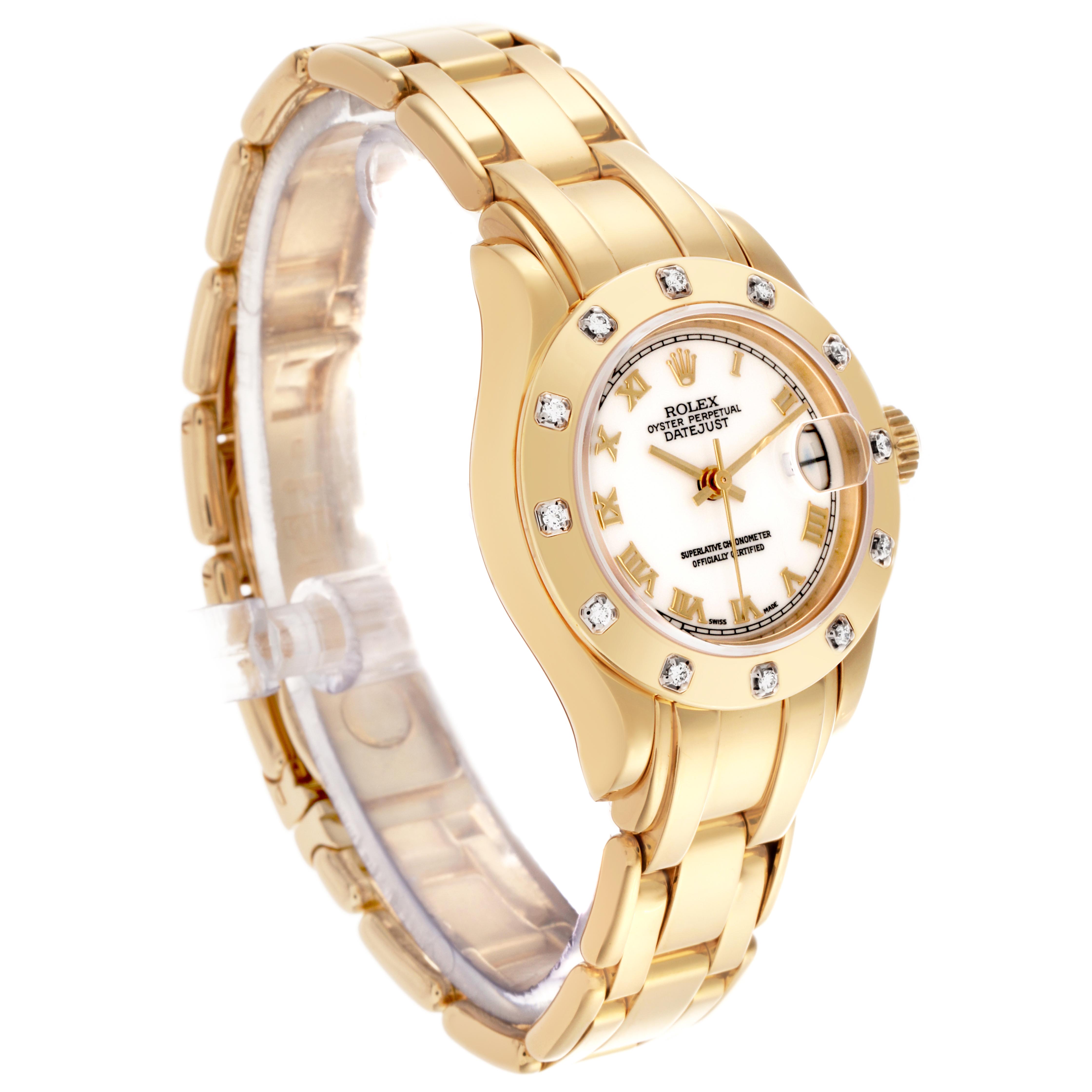 The Rolex Pearlmaster 69318 Women
s Yellow Gold White Dial 69318 Women
s Yellow Gold White Dial is shown at an angled side view, highlighting the bracelet, bezel, and dial.