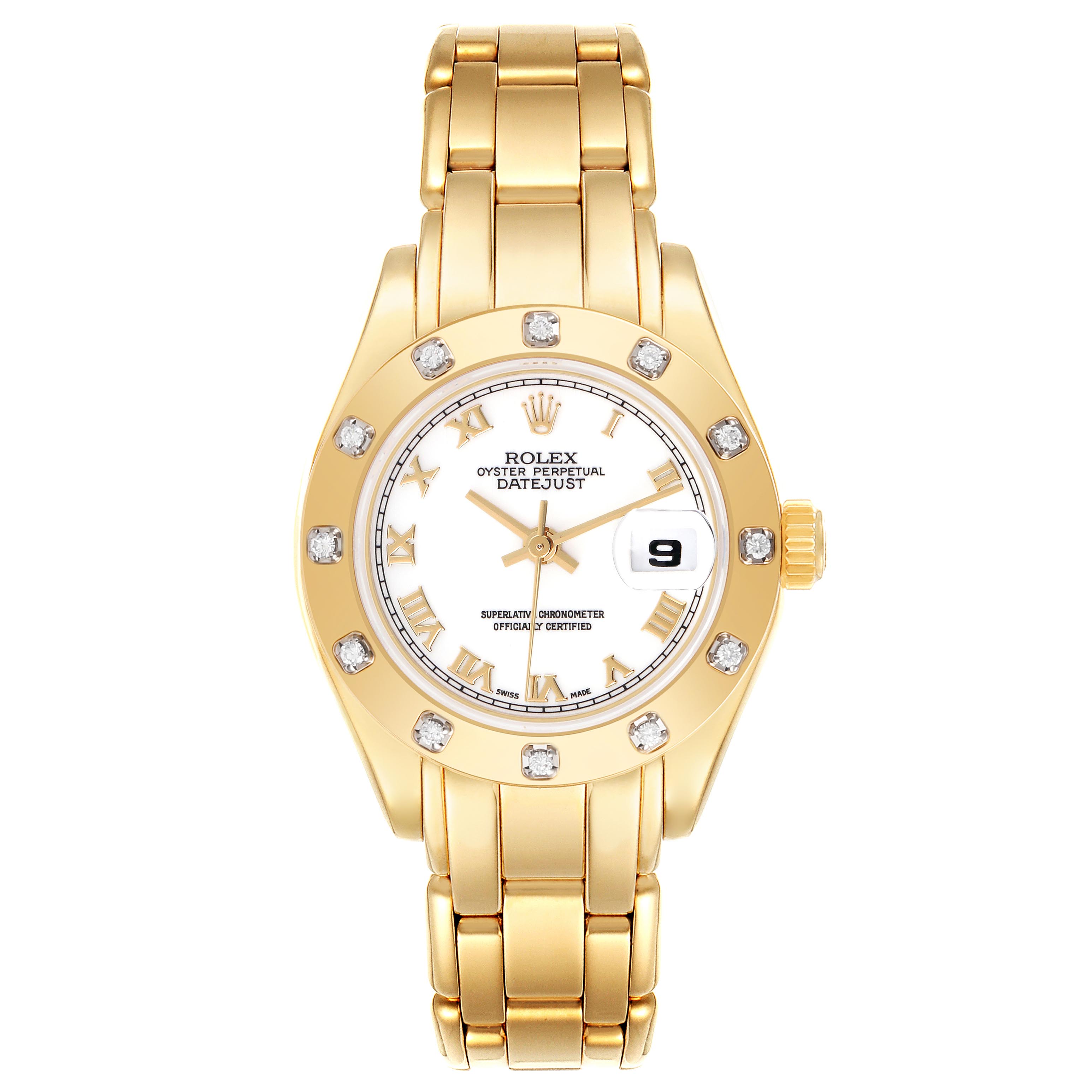 The Rolex Pearlmaster 69318 Women
s Yellow Gold White Dial 69318 Women
s Yellow Gold White Dial watch is shown from the front, displaying the face, bezel with diamonds, case, and bracelet.