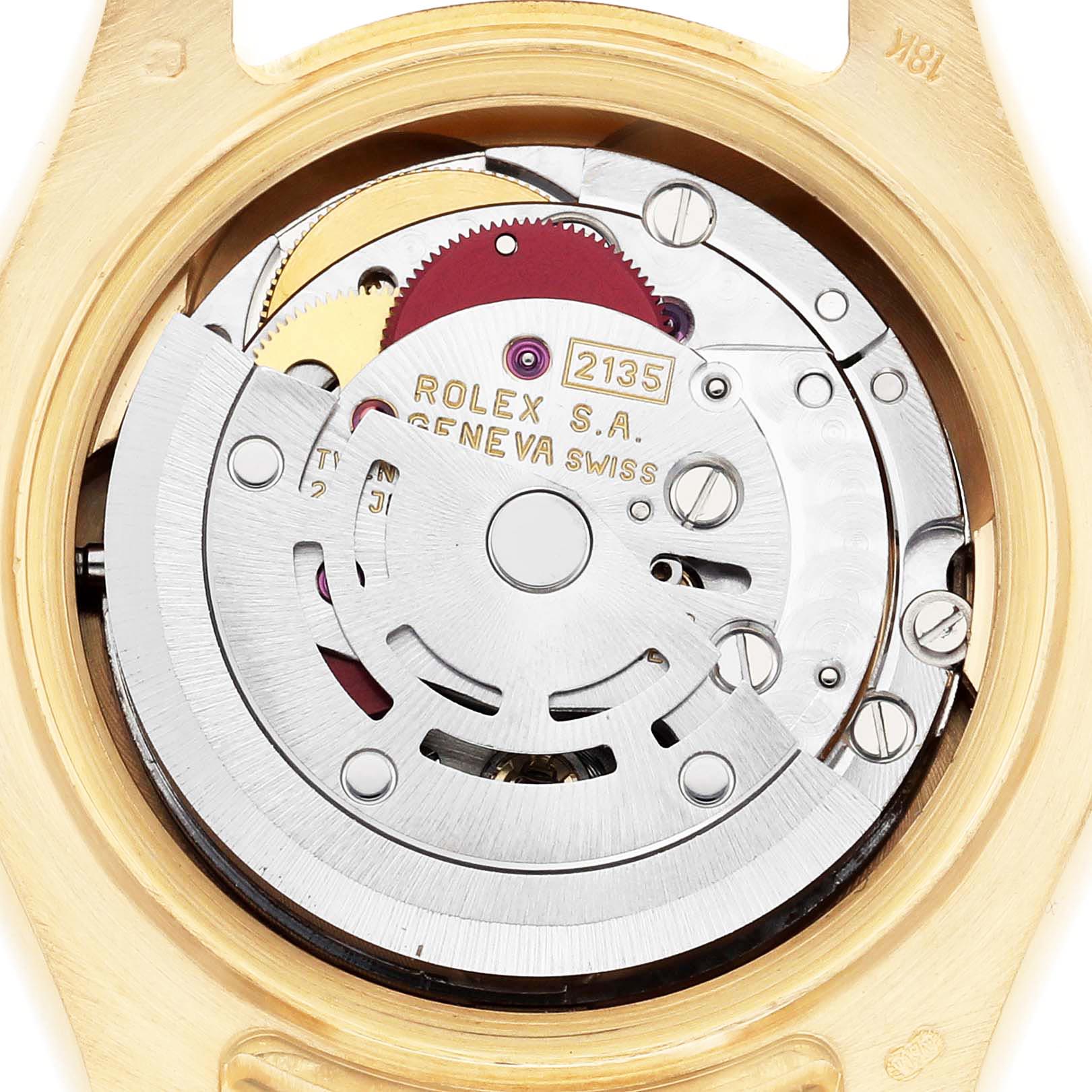 The image shows the movement of the Rolex Pearlmaster 69318 Women
s Yellow Gold White Dial 69318 Women
s Yellow Gold White Dial watch from the back, highlighting its intricate internal components.