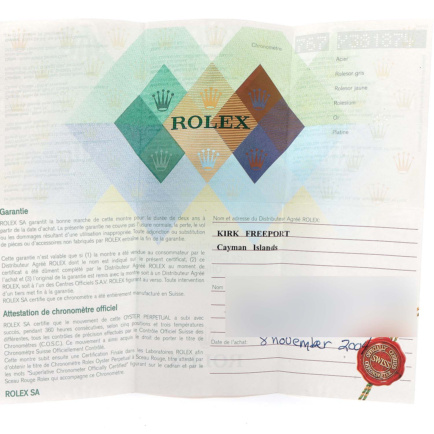 The image shows the warranty certificate for a Rolex President 179178 Women
s Yellow Gold Champagne Dial 179178 Women
s Yellow Gold Champagne Dial model watch.