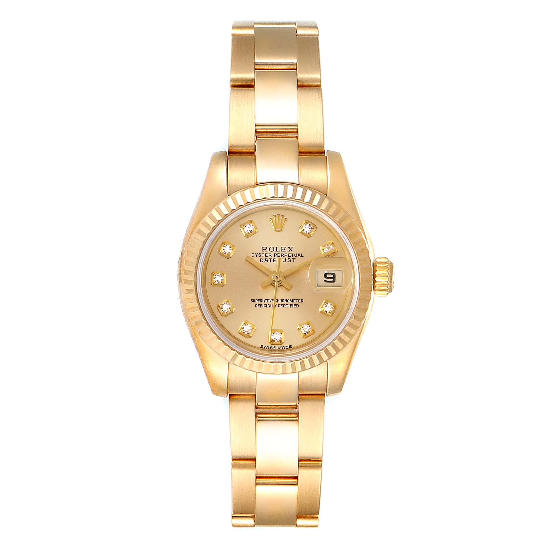 This image shows a front view of a Rolex President 179178 Women
s Yellow Gold Champagne Dial 179178 Women
s Yellow Gold Champagne Dial model watch, displaying its dial, hands, date window, bezel, and bracelet.