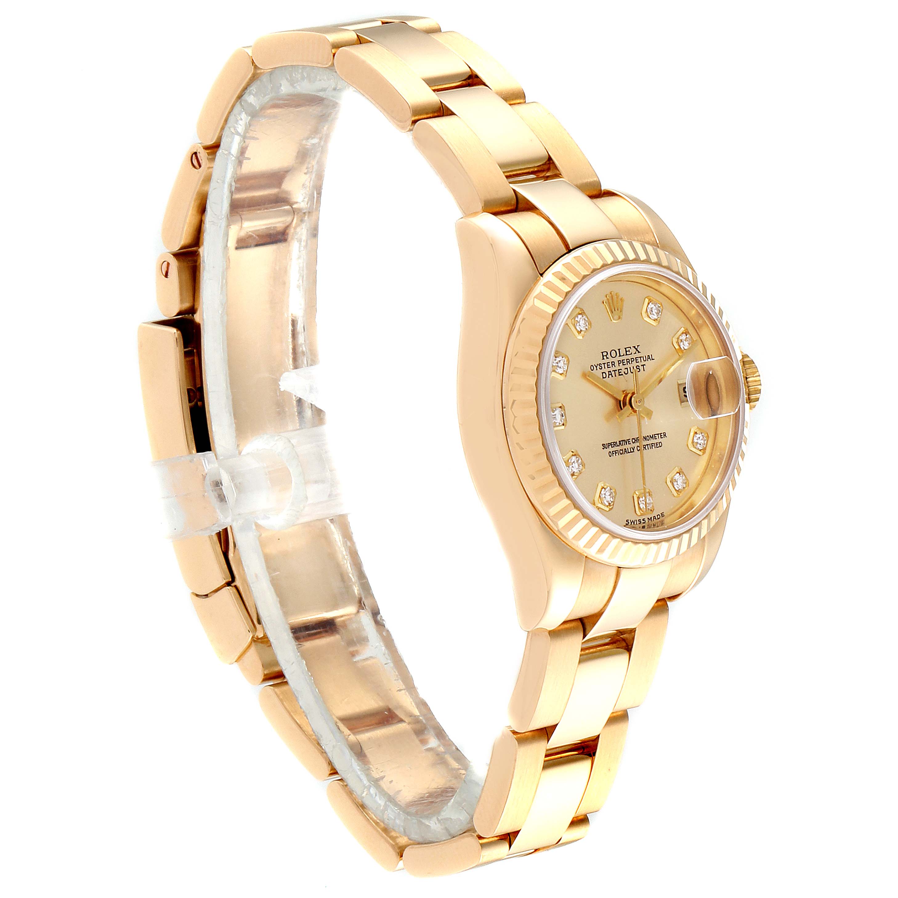 The image shows a side angle of a Rolex President 179178 Women
s Yellow Gold Champagne Dial 179178 Women
s Yellow Gold Champagne Dial model watch, highlighting its gold bracelet and diamond-studded face.