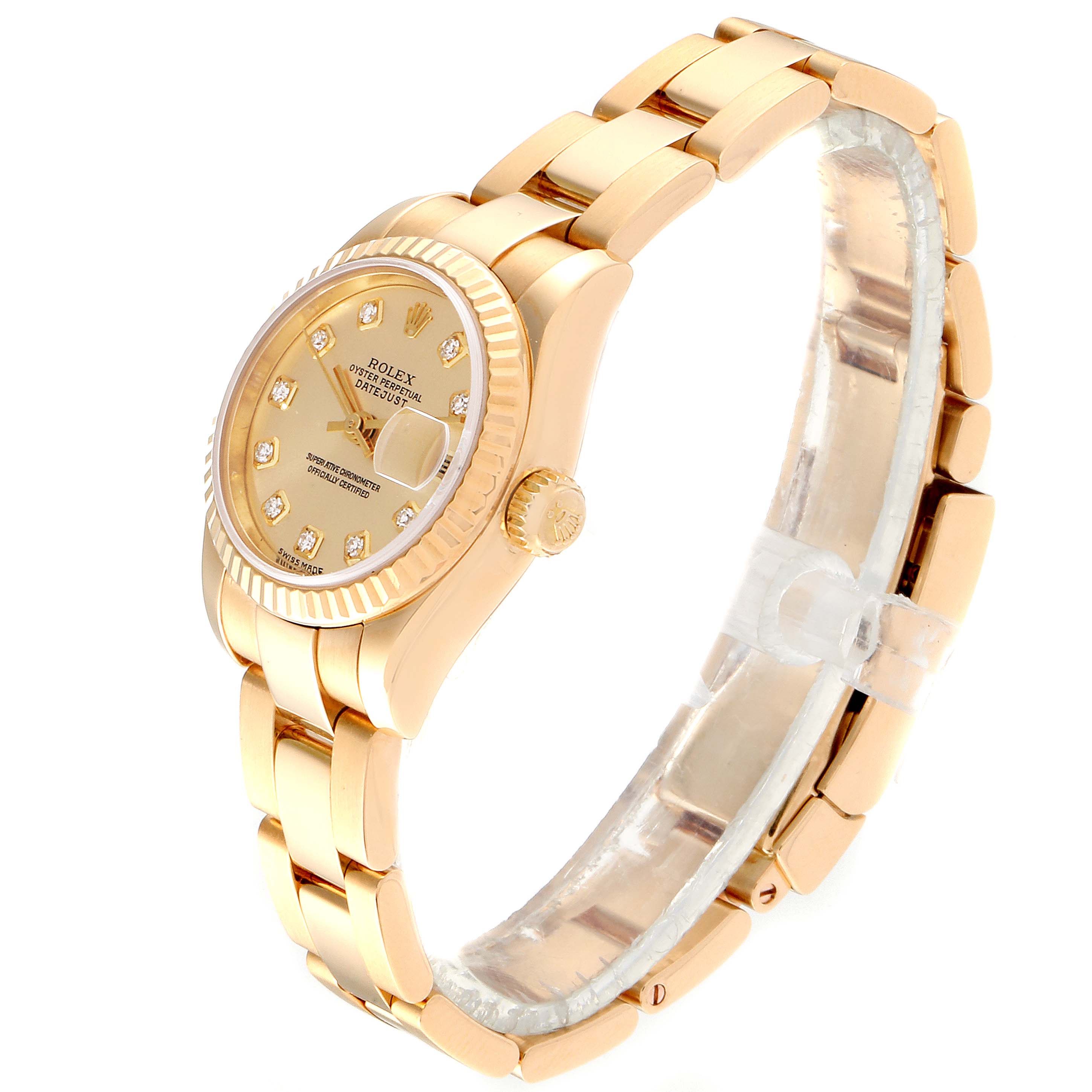 The Rolex President 179178 Women
s Yellow Gold Champagne Dial 179178 Women
s Yellow Gold Champagne Dial model watch is shown at a three-quarter angle, highlighting its gold band and diamond-studded face.