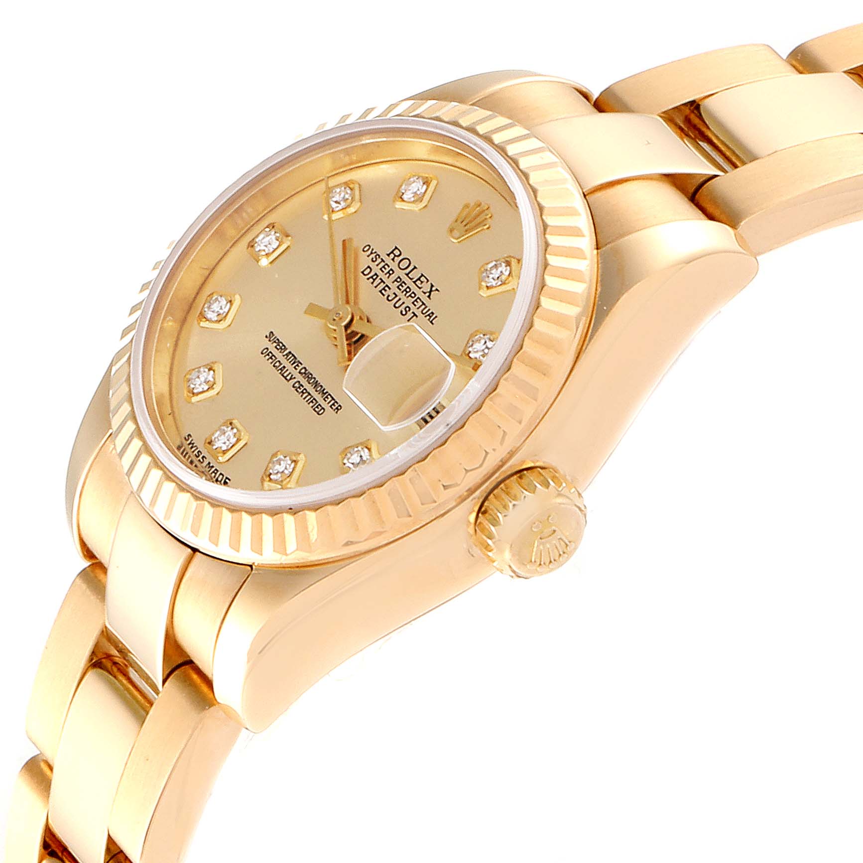 The image shows a side angle of the Rolex President 179178 Women
s Yellow Gold Champagne Dial 179178 Women
s Yellow Gold Champagne Dial model watch, highlighting the crown, dial, and part of the bracelet.