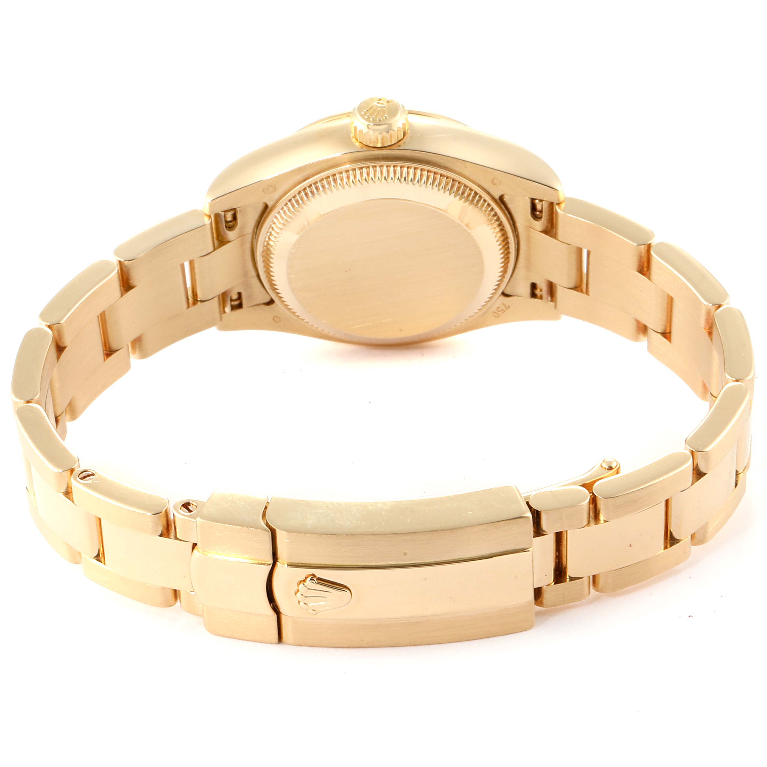 This image shows the back view of a Rolex President 179178 Women
s Yellow Gold Champagne Dial 179178 Women
s Yellow Gold Champagne Dial model watch, displaying the case back, crown, and bracelet.