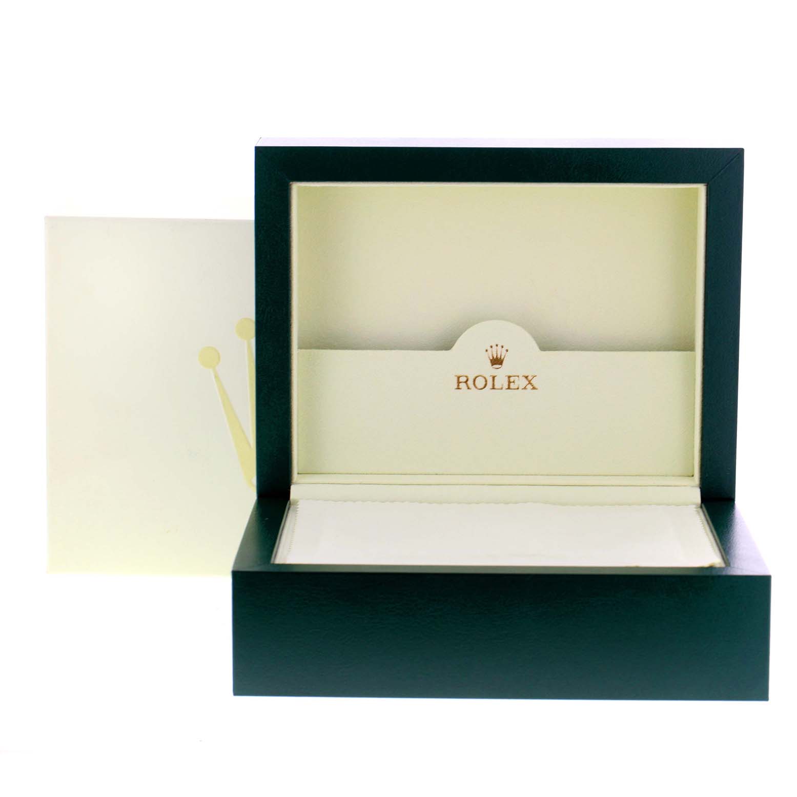 This image shows an open box for the Rolex President 118205 Men's Rose Gold Pink Dial 118205 Men's Rose Gold Pink Dial model, displaying the interior and Rolex branding.