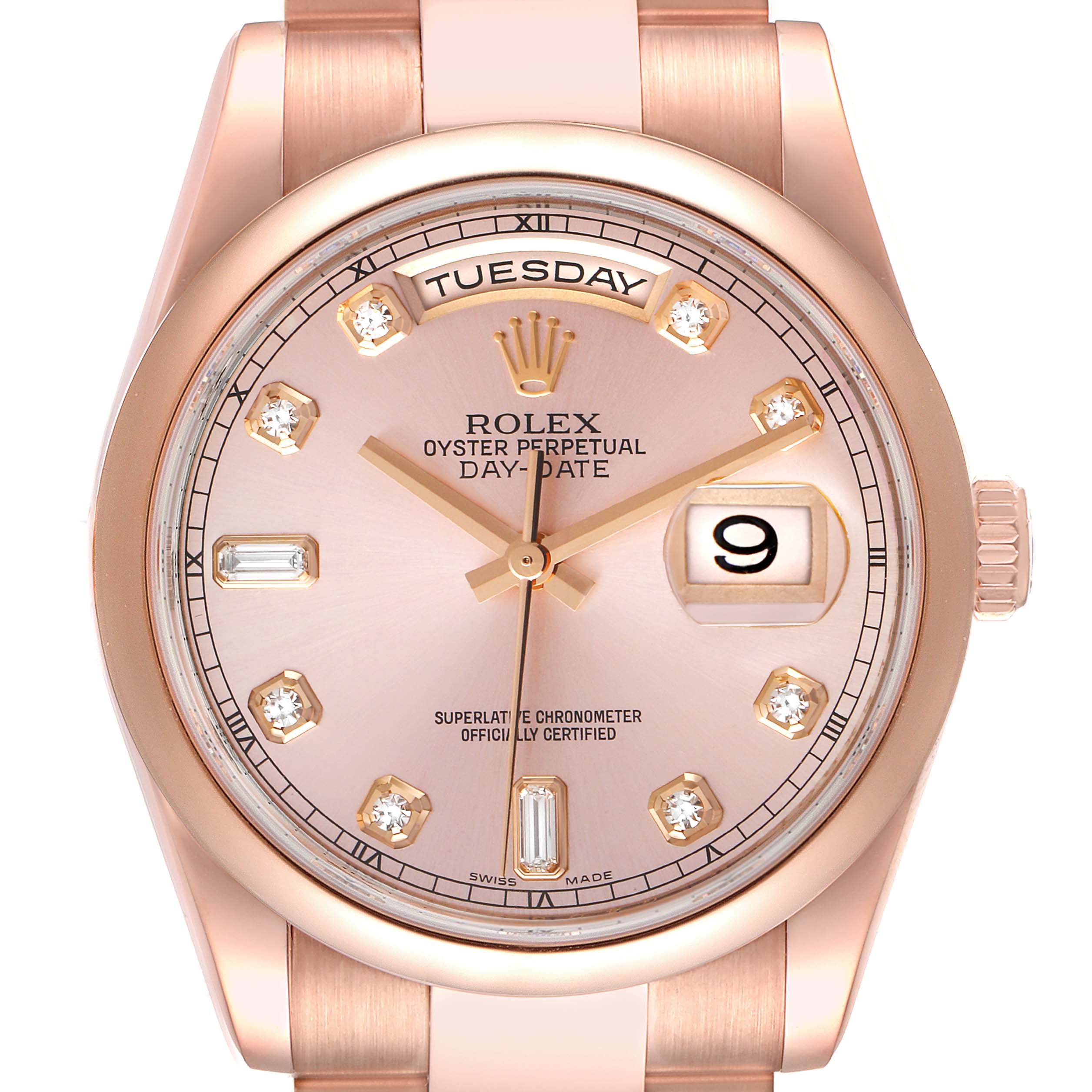 This image shows a frontal view of a Rolex President 118205 Men's Rose Gold Pink Dial 118205 Men's Rose Gold Pink Dial Day-Date watch, highlighting the dial, day and date displays, and hour markers.