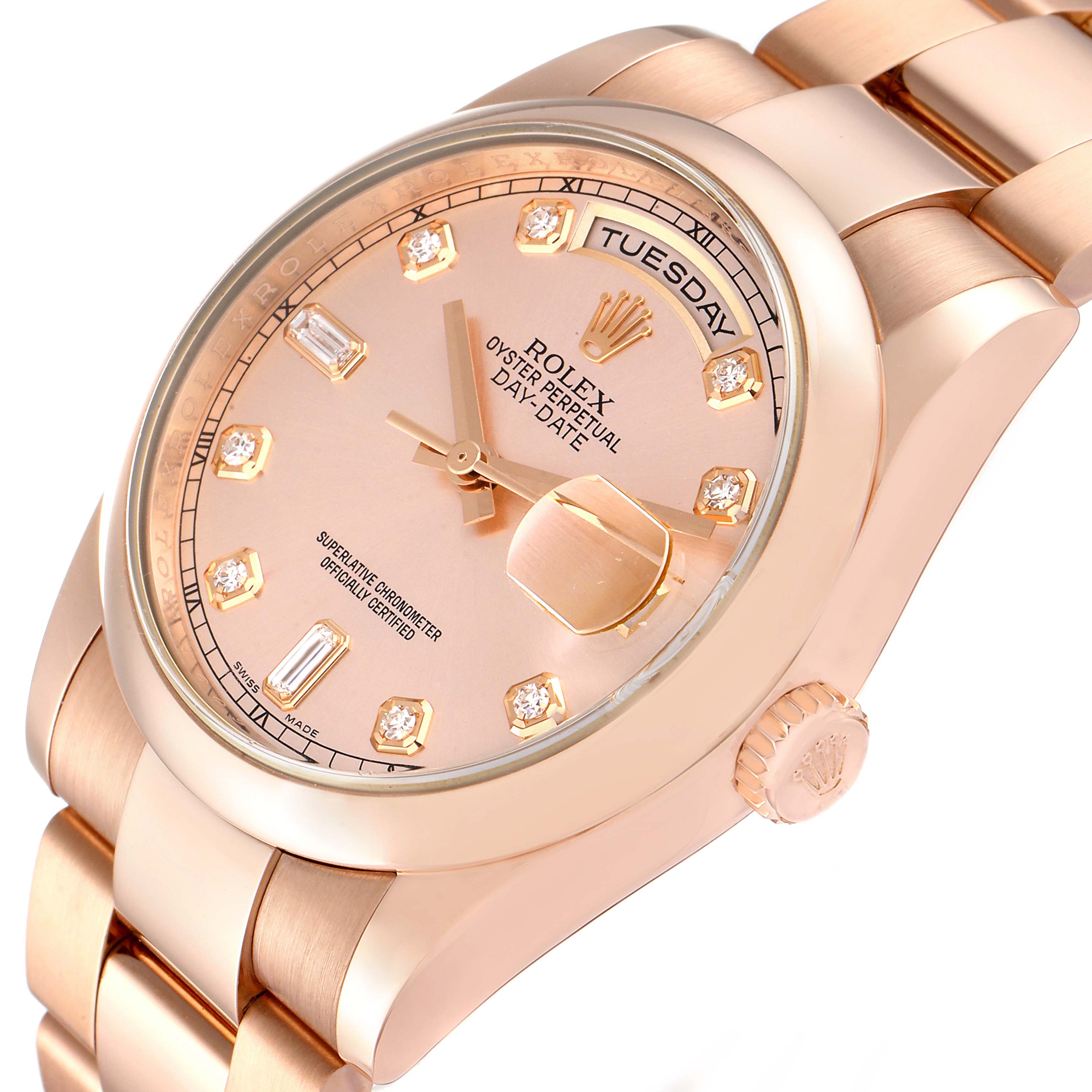 The image shows a close-up angle of the Rolex President 118205 Men's Rose Gold Pink Dial 118205 Men's Rose Gold Pink Dial Oyster Perpetual Day-Date watch, highlighting its dial, crown, and bracelet.