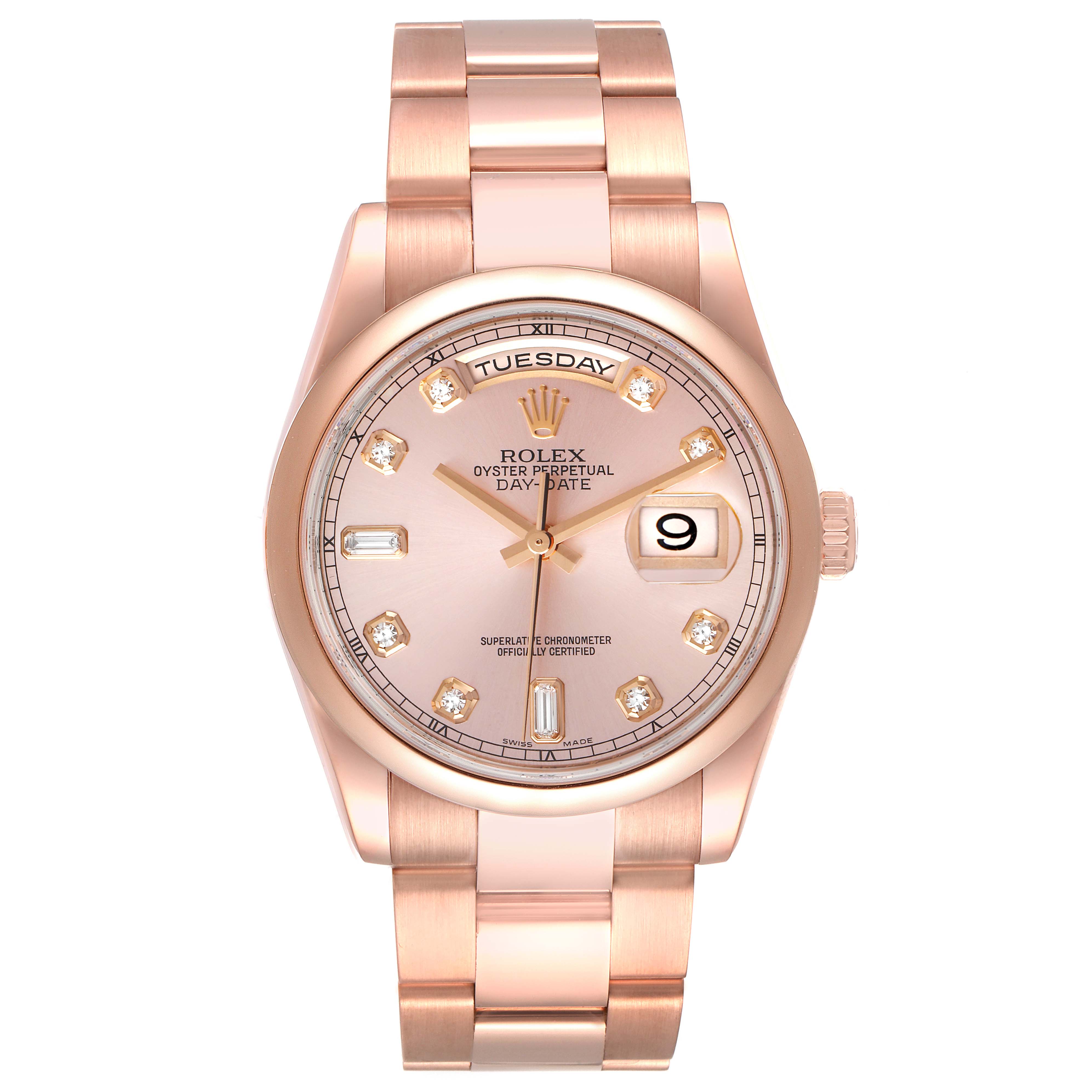 This image shows a frontal view of the Rolex President 118205 Men's Rose Gold Pink Dial 118205 Men's Rose Gold Pink Dial model watch, highlighting the face, bracelet, and crown.