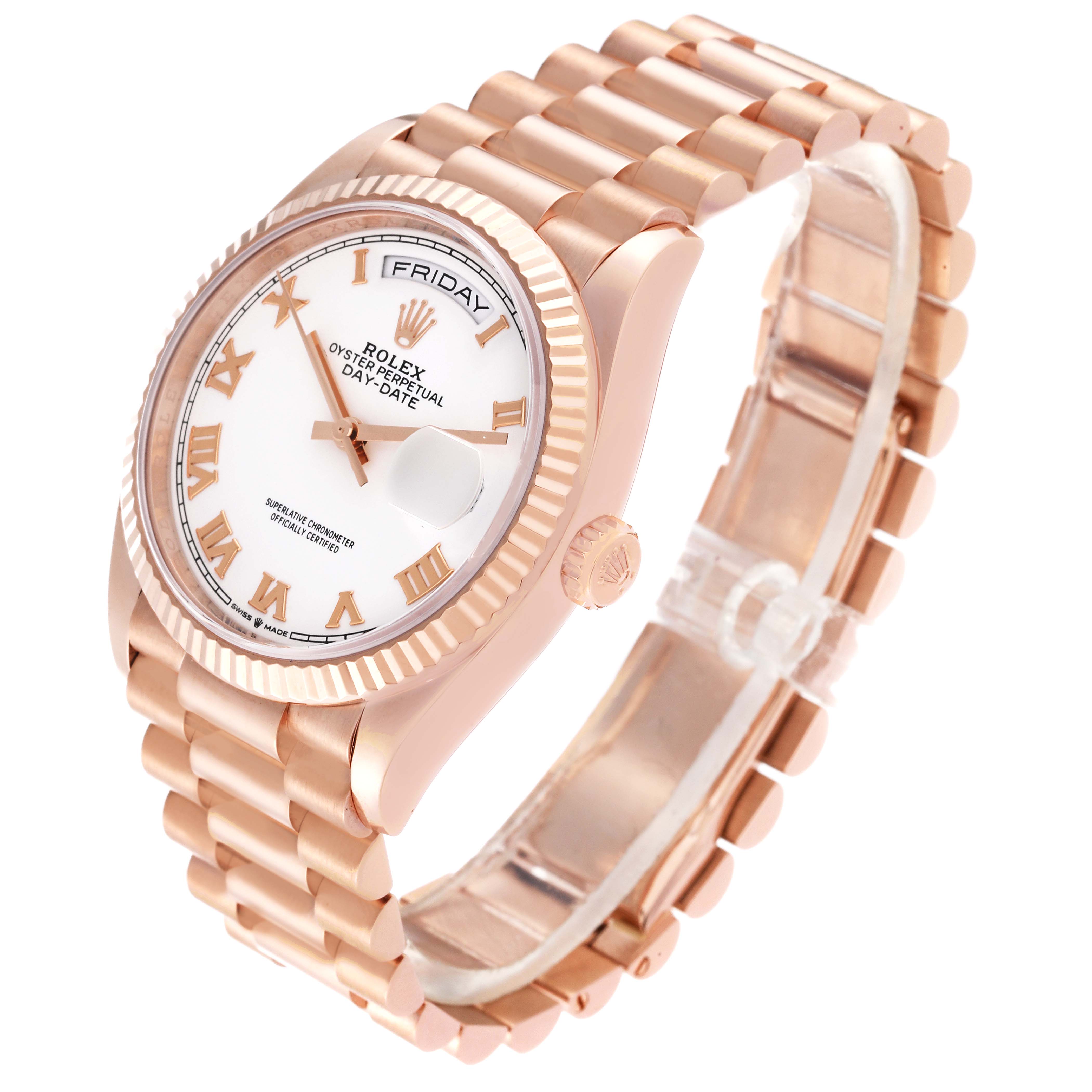 This image shows a Rolex President 128235 Men's Rose Gold White Dial 128235 Men's Rose Gold White Dial model watch in a three-quarter angle, detailing the bracelet, dial, and fluted bezel.